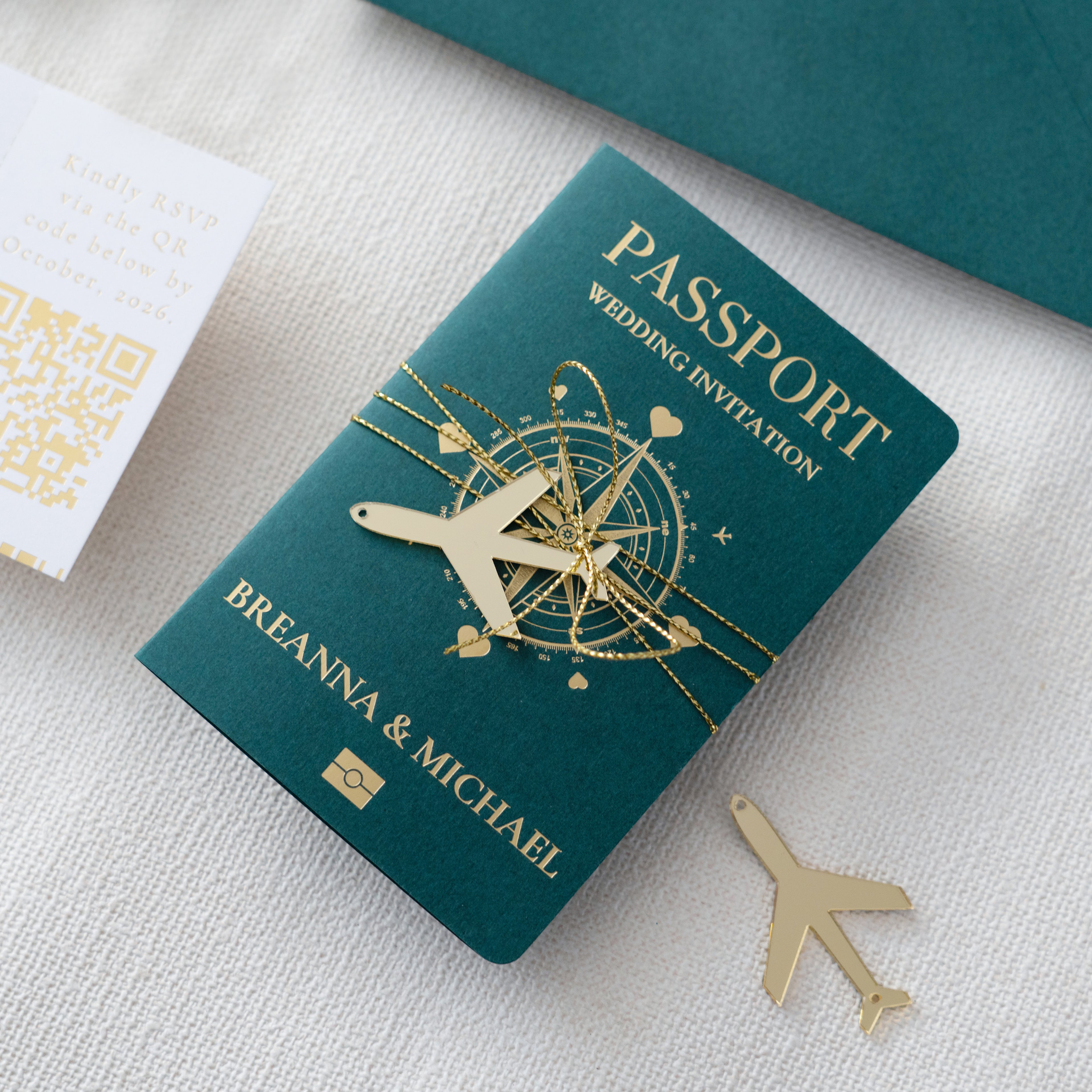 PONATIA Emerald Green Wedding Passport Invite in Pocket & Mirror Tag Passport Invitation Suite