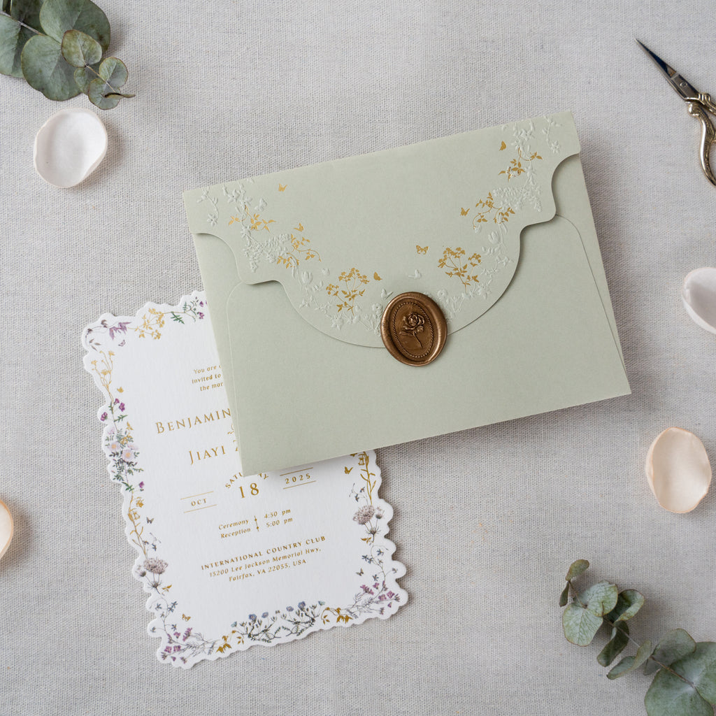 PONATIA Sage Green Foil Print in Gold Liner Envelopes with Foil Print in Gold Floral Wedding Invitation Card