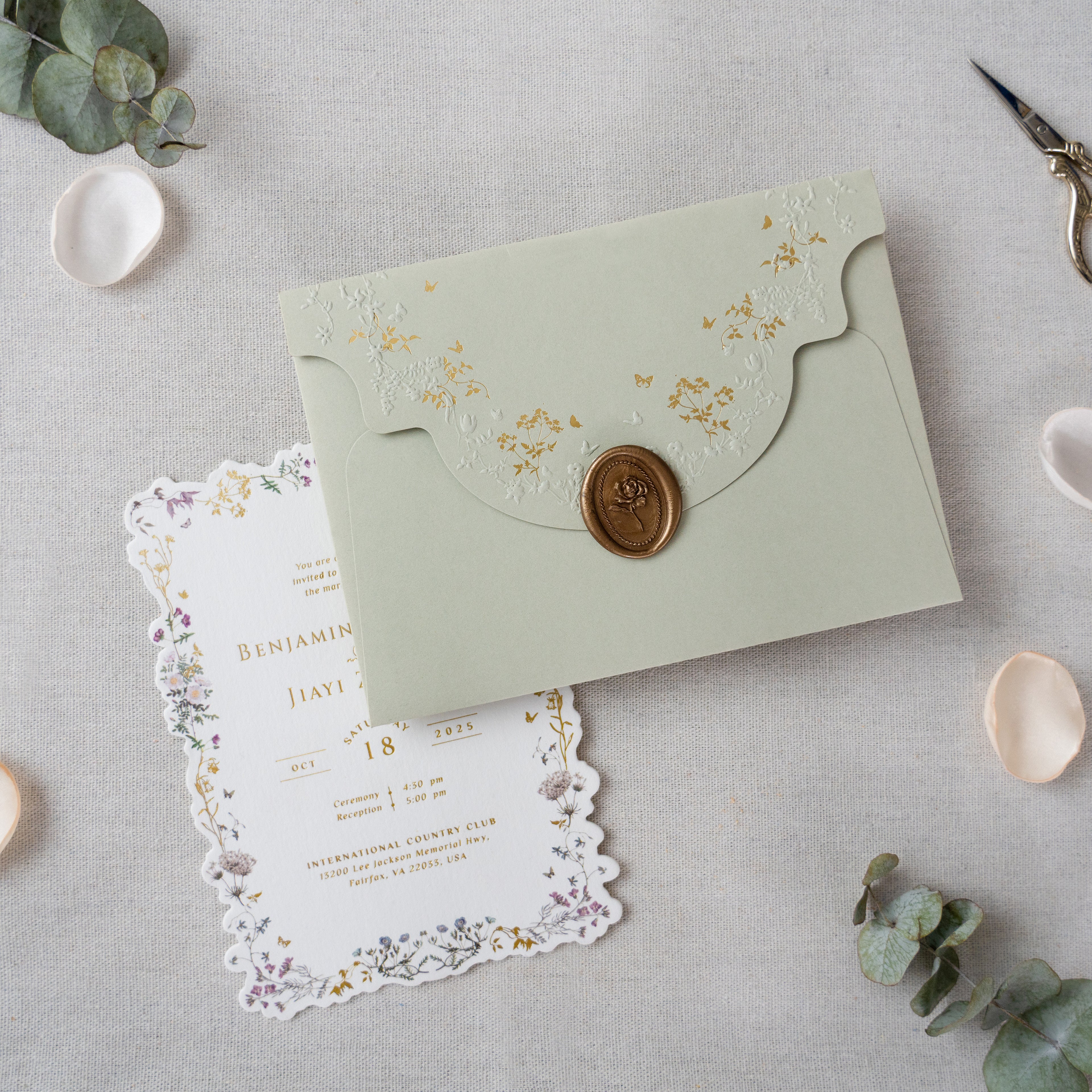 PONATIA Sage Green Foil Print in Gold Liner Envelopes with Foil Print in Gold Floral Wedding Invitation Card