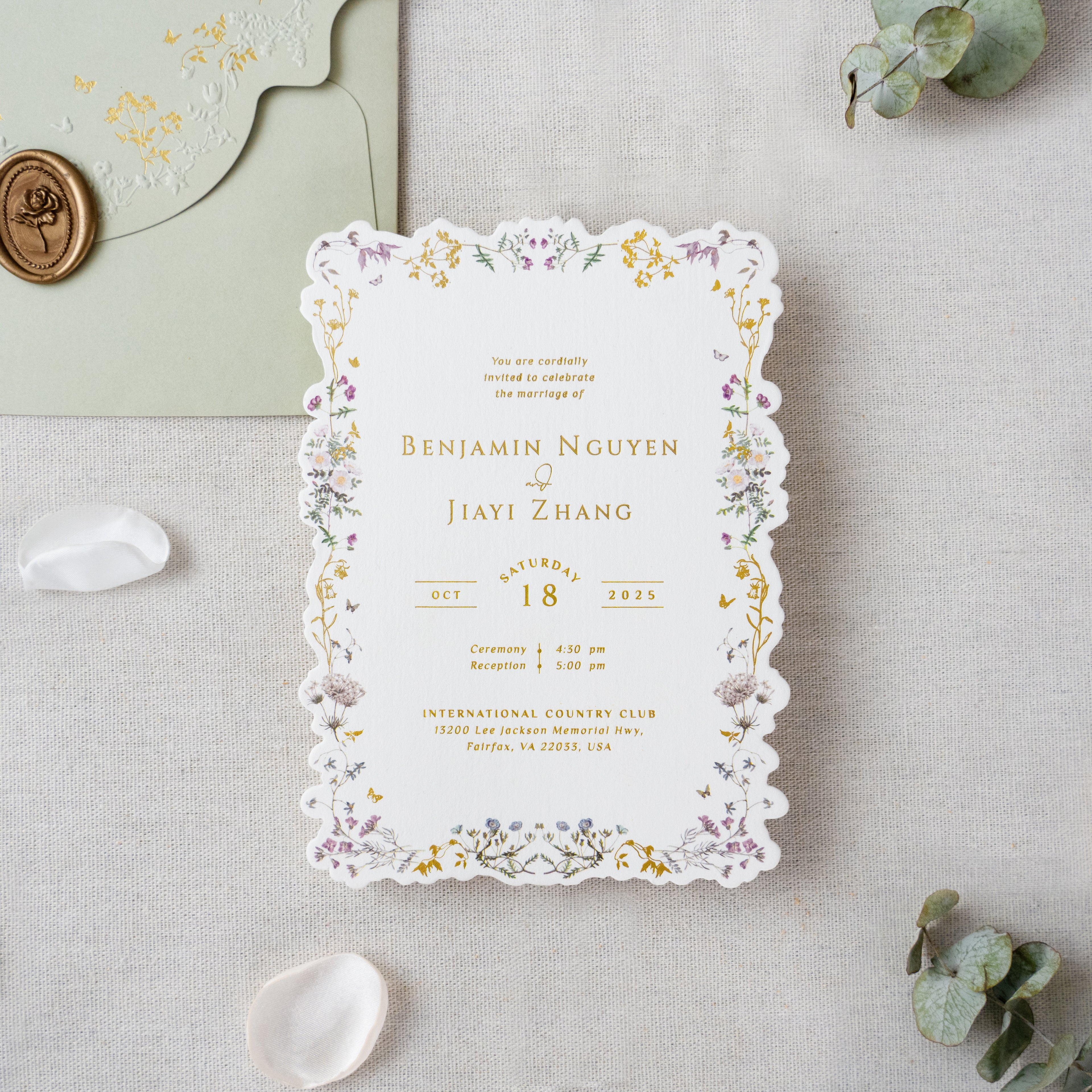 PONATIA Sage Green Foil Print in Gold Liner Envelopes with Foil Print in Gold Floral Wedding Invitation Card