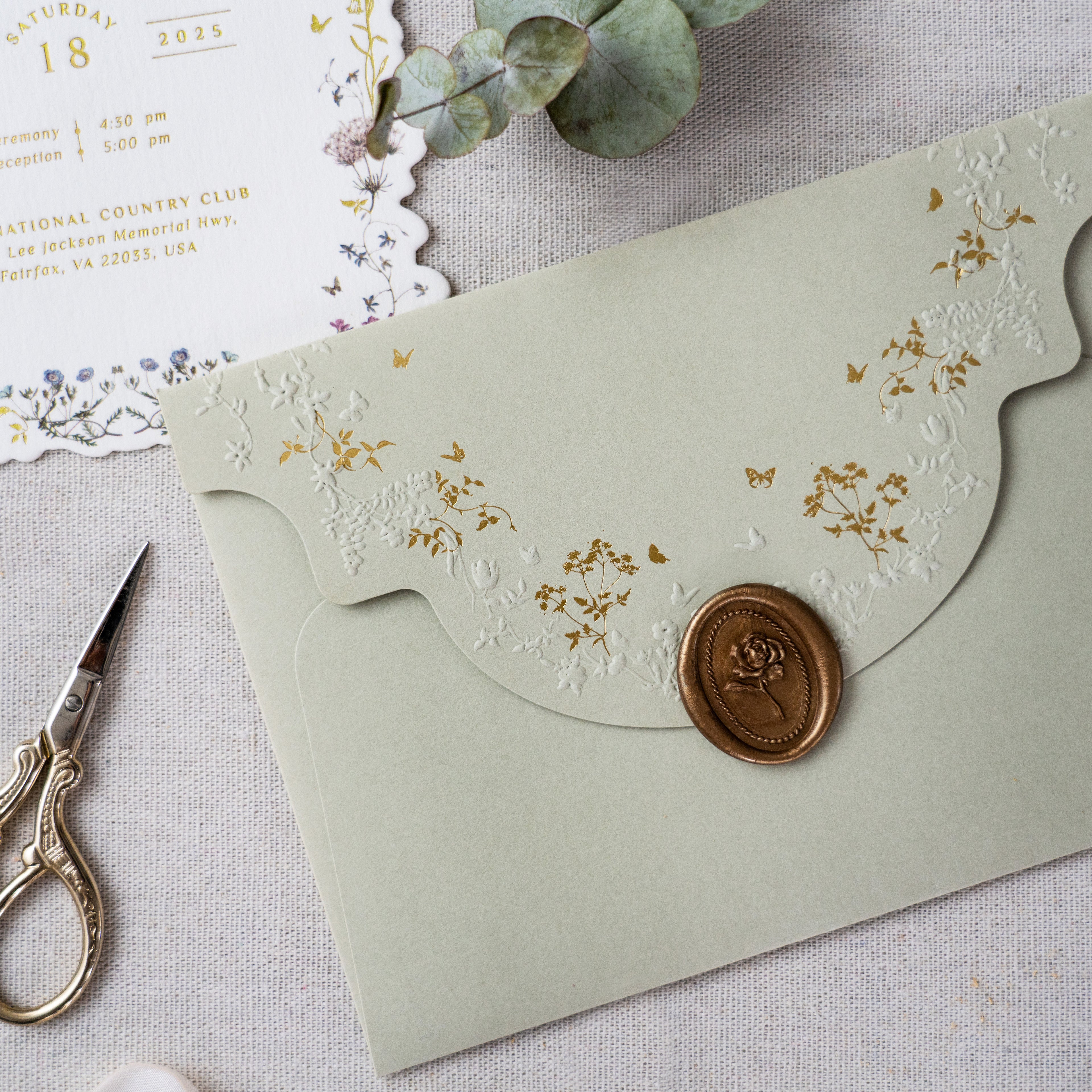 PONATIA Sage Green Foil Print in Gold Liner Envelopes with Foil Print in Gold Floral Wedding Invitation Card