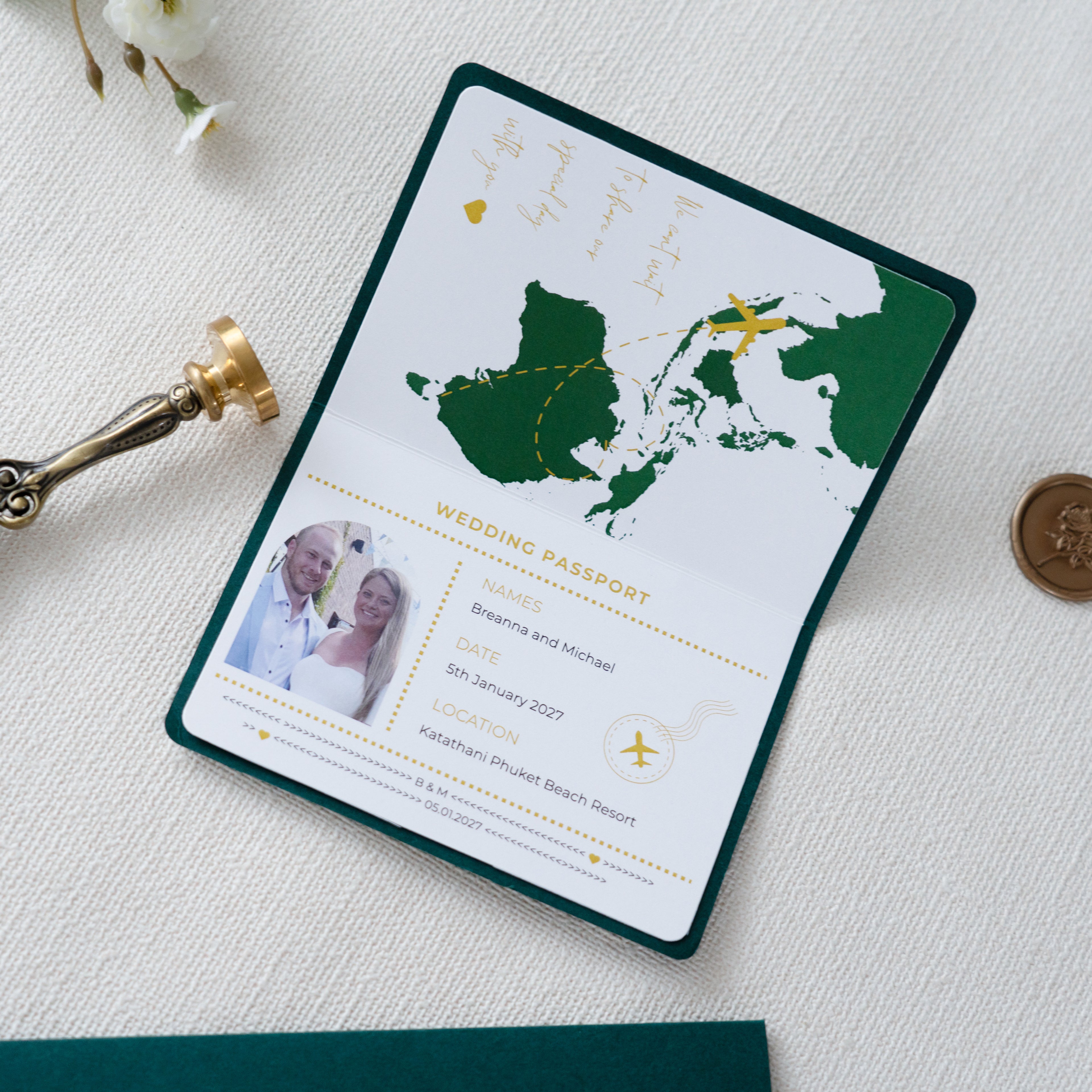 PONATIA Emerald Green Wedding Passport Invite in Pocket & Mirror Tag Passport Invitation Suite