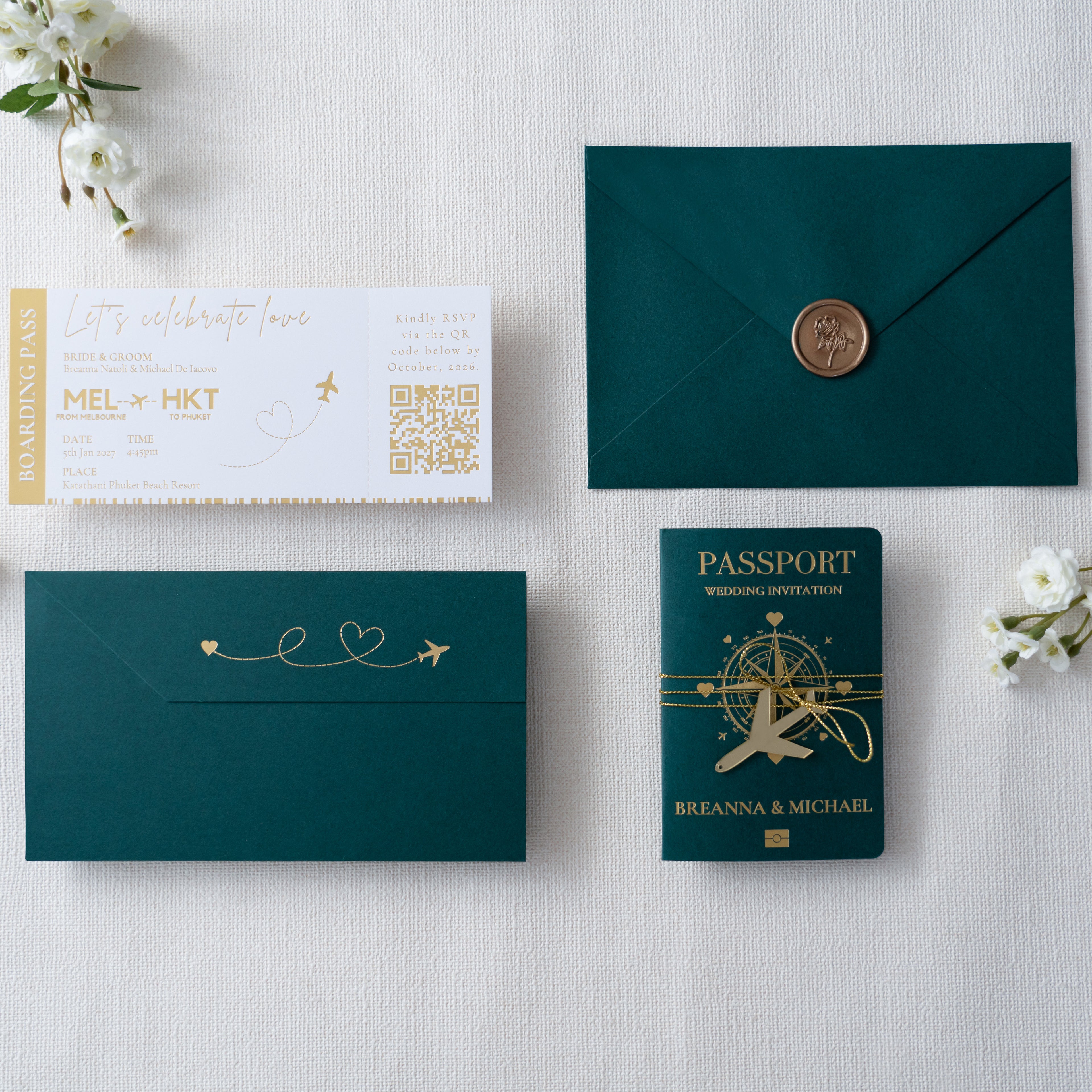 PONATIA Emerald Green Wedding Passport Invite in Pocket & Mirror Tag Passport Invitation Suite