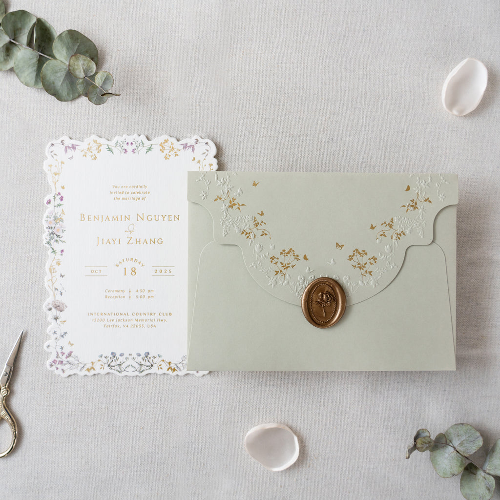 PONATIA Sage Green Foil Print in Gold Liner Envelopes with Foil Print in Gold Floral Wedding Invitation Card