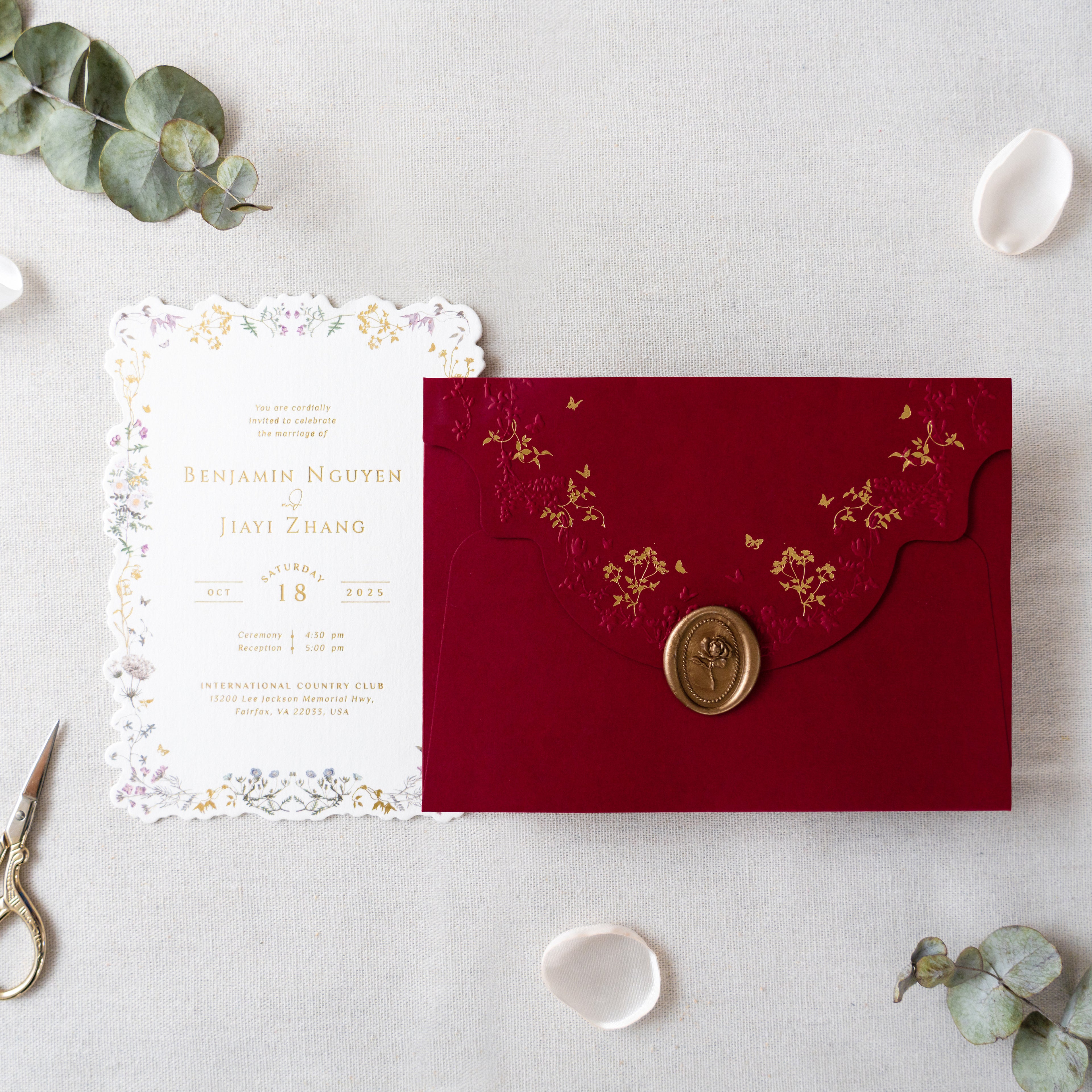 PONATIA Burgundy Foil Print in Gold Liner Envelopes with Foil Print in Gold Floral Wedding Invitation Card