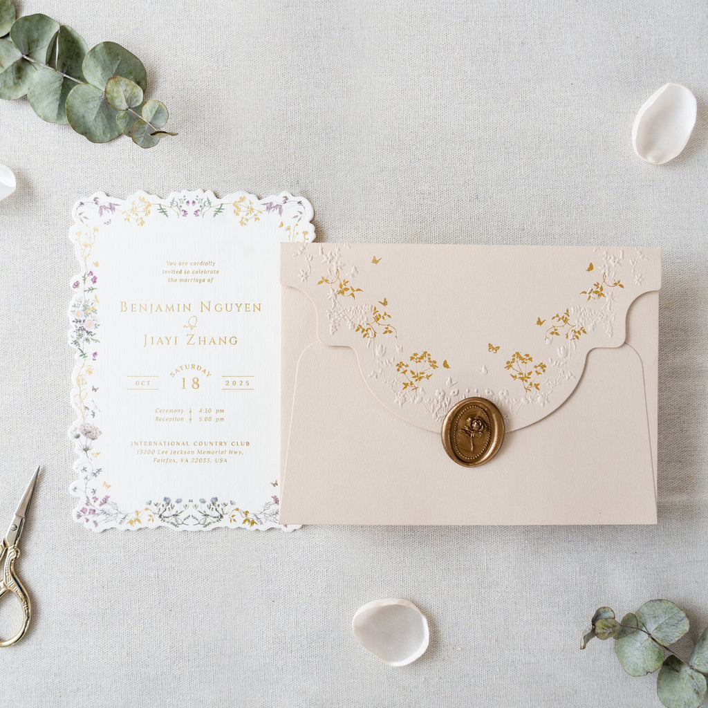 PONATIA Blush Pink Foil Print in Gold Liner Envelopes with Foil Print in Gold Floral Wedding Invitation Card