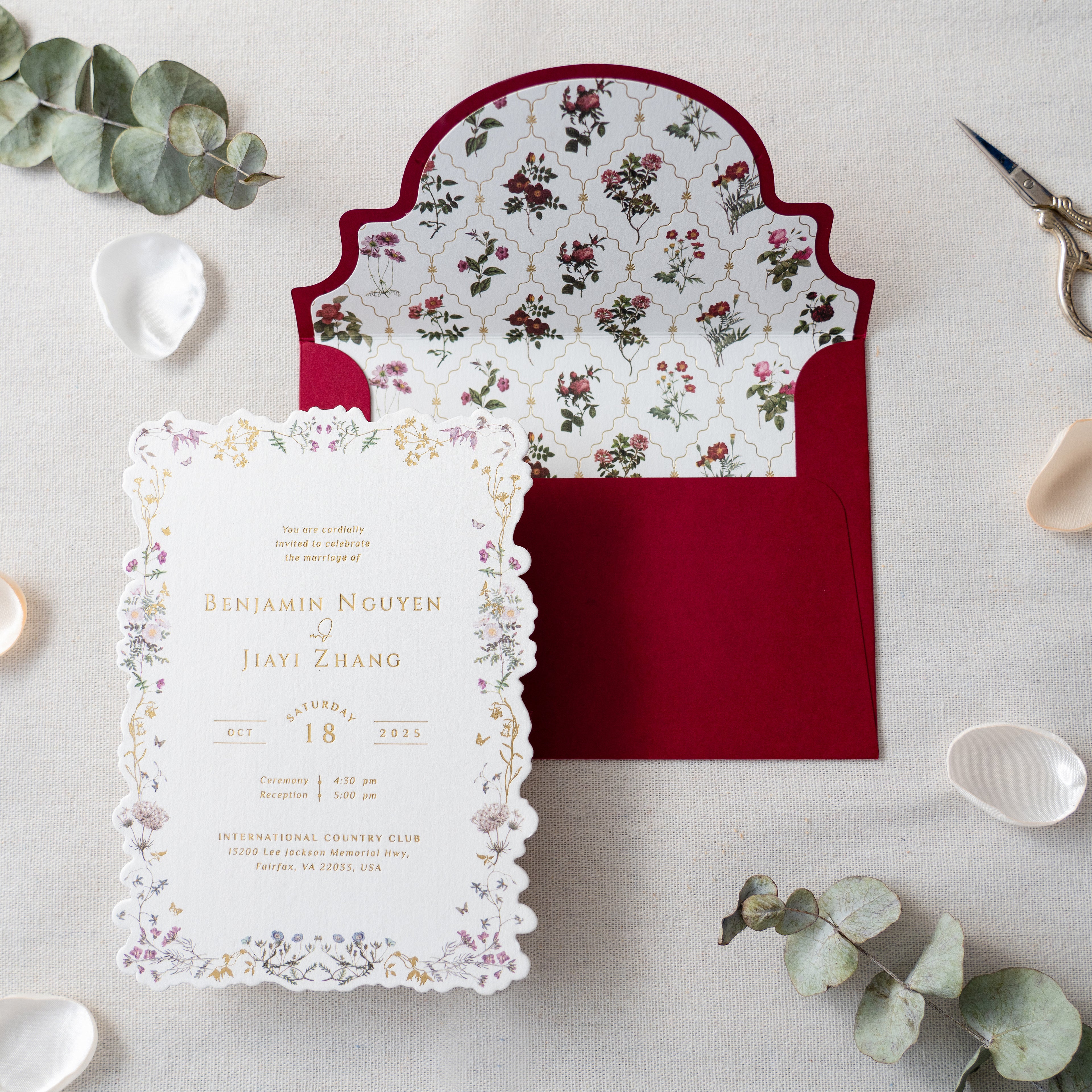 PONATIA Burgundy Foil Print in Gold Liner Envelopes with Foil Print in Gold Floral Wedding Invitation Card
