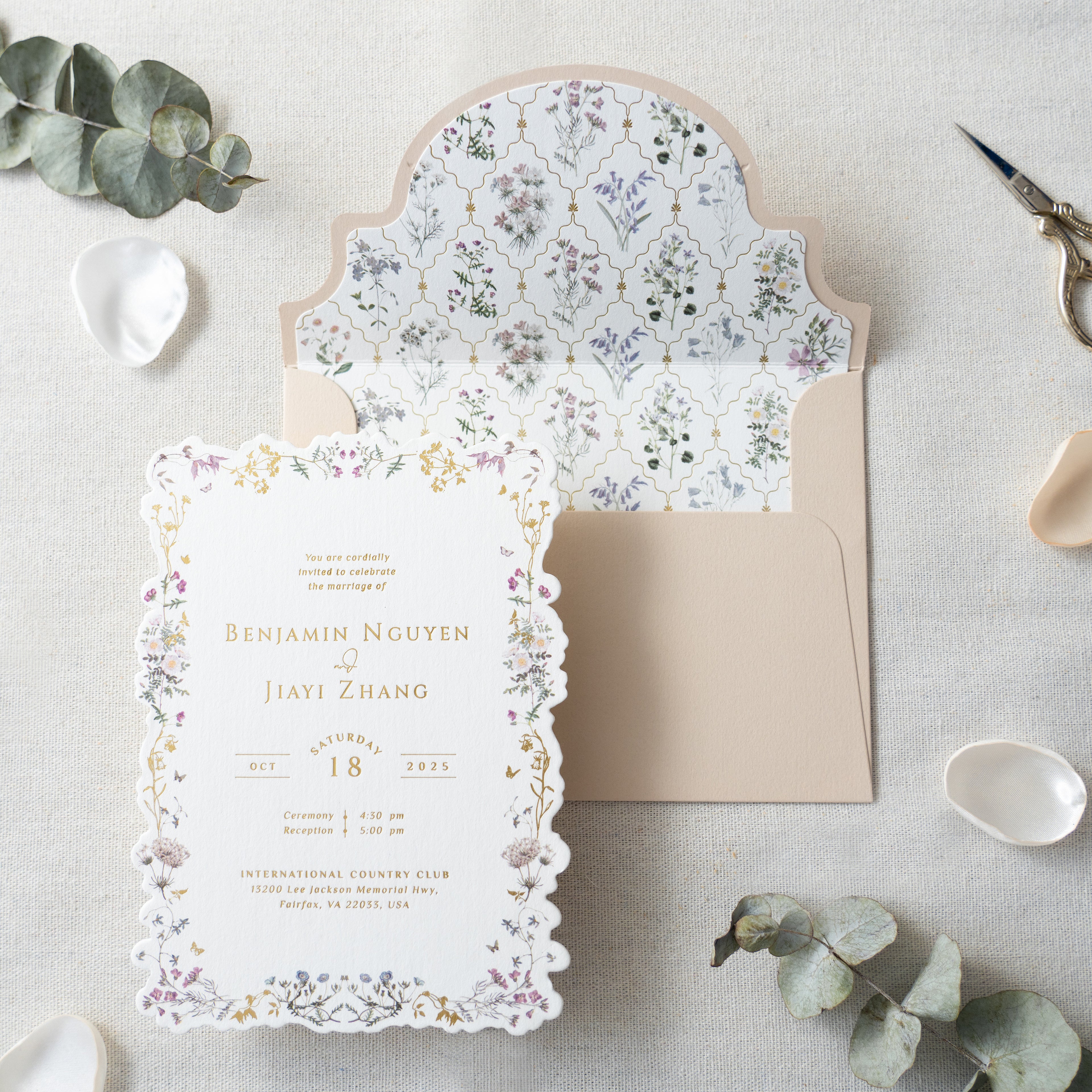 PONATIA Blush Pink Foil Print in Gold Liner Envelopes with Foil Print in Gold Floral Wedding Invitation Card