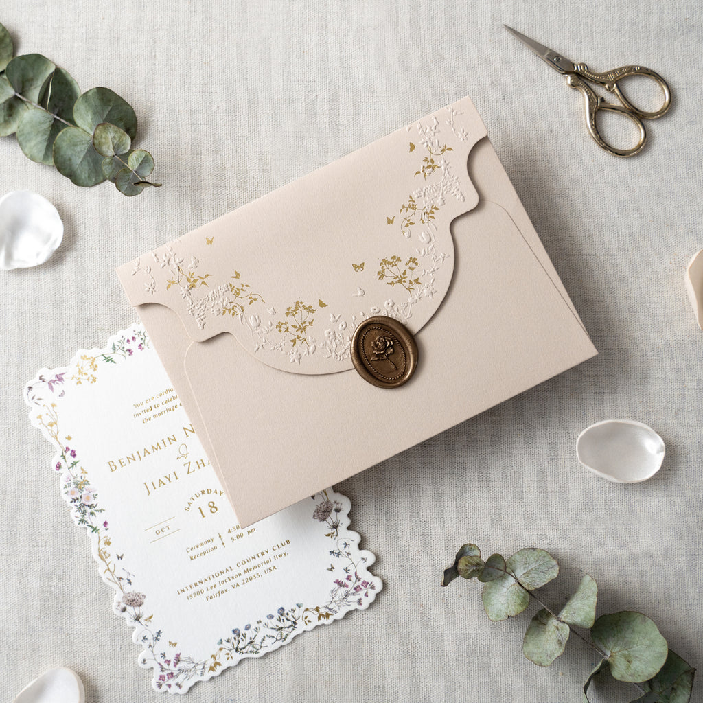 PONATIA Blush Pink Foil Print in Gold Liner Envelopes with Foil Print in Gold Floral Wedding Invitation Card