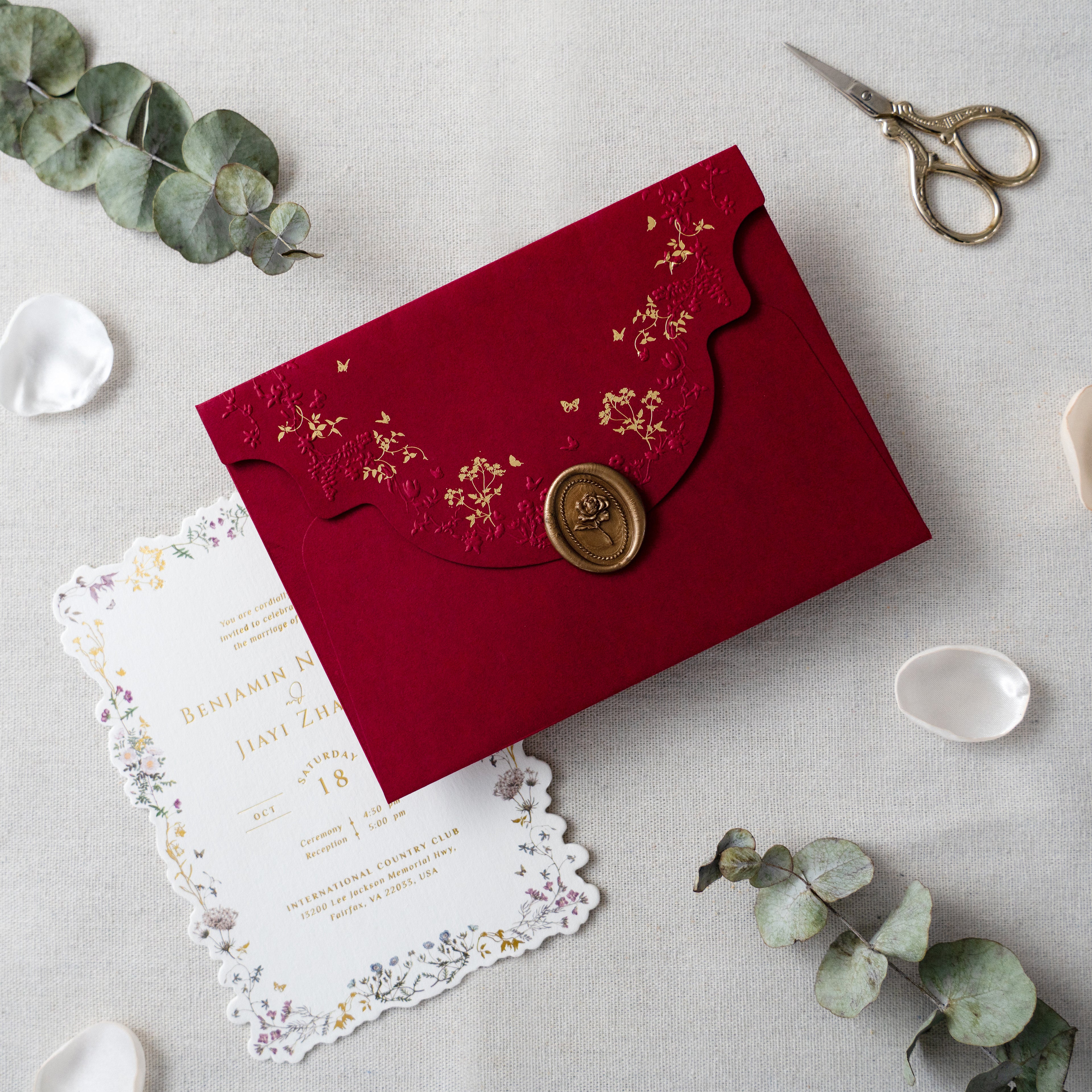 PONATIA Burgundy Foil Print in Gold Liner Envelopes with Foil Print in Gold Floral Wedding Invitation Card