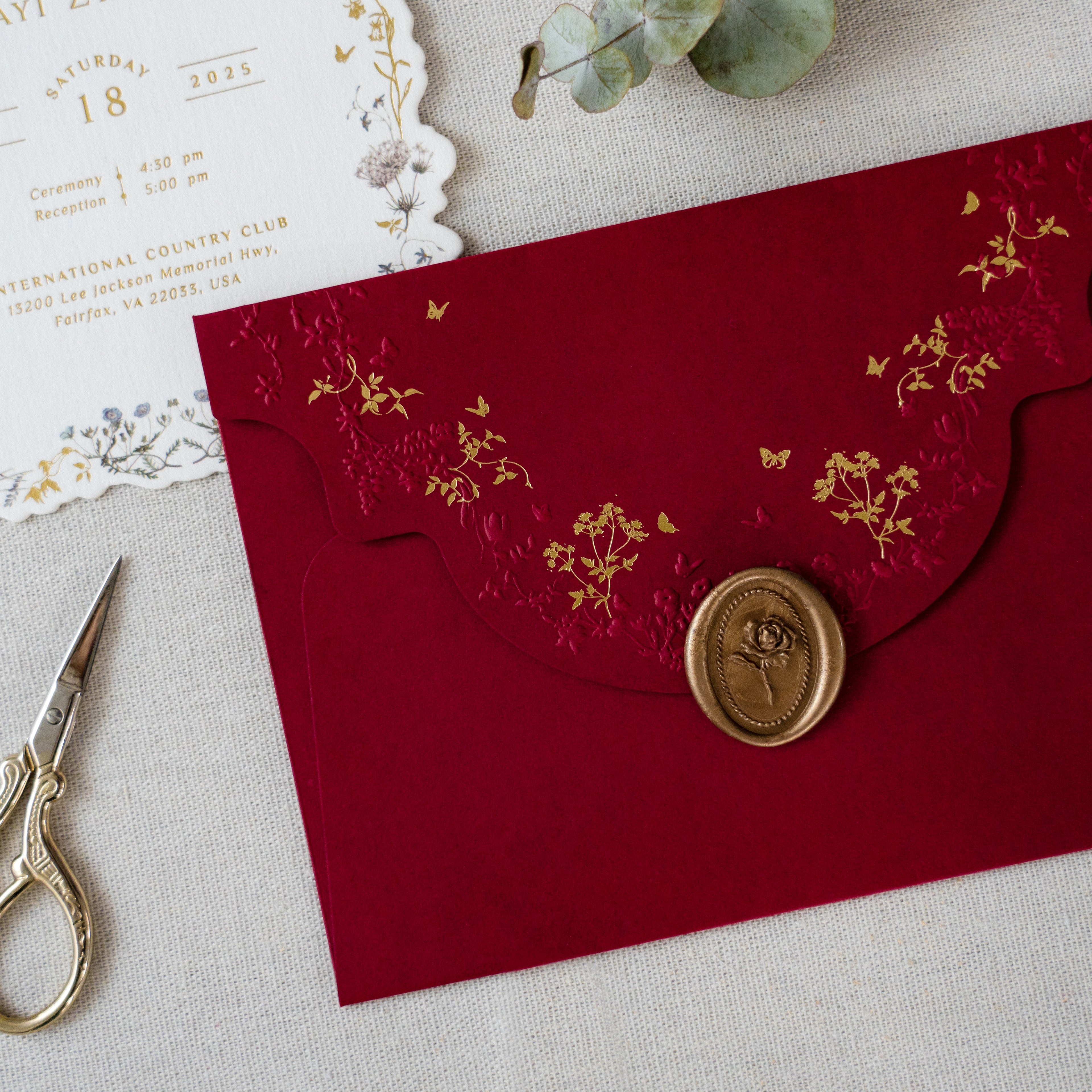 PONATIA Burgundy Foil Print in Gold Liner Envelopes with Foil Print in Gold Floral Wedding Invitation Card