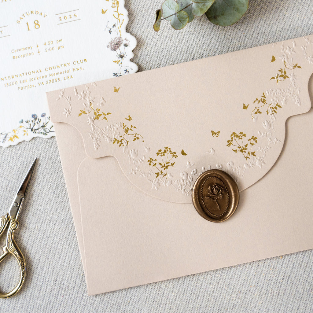 PONATIA Blush Pink Foil Print in Gold Liner Envelopes with Foil Print in Gold Floral Wedding Invitation Card