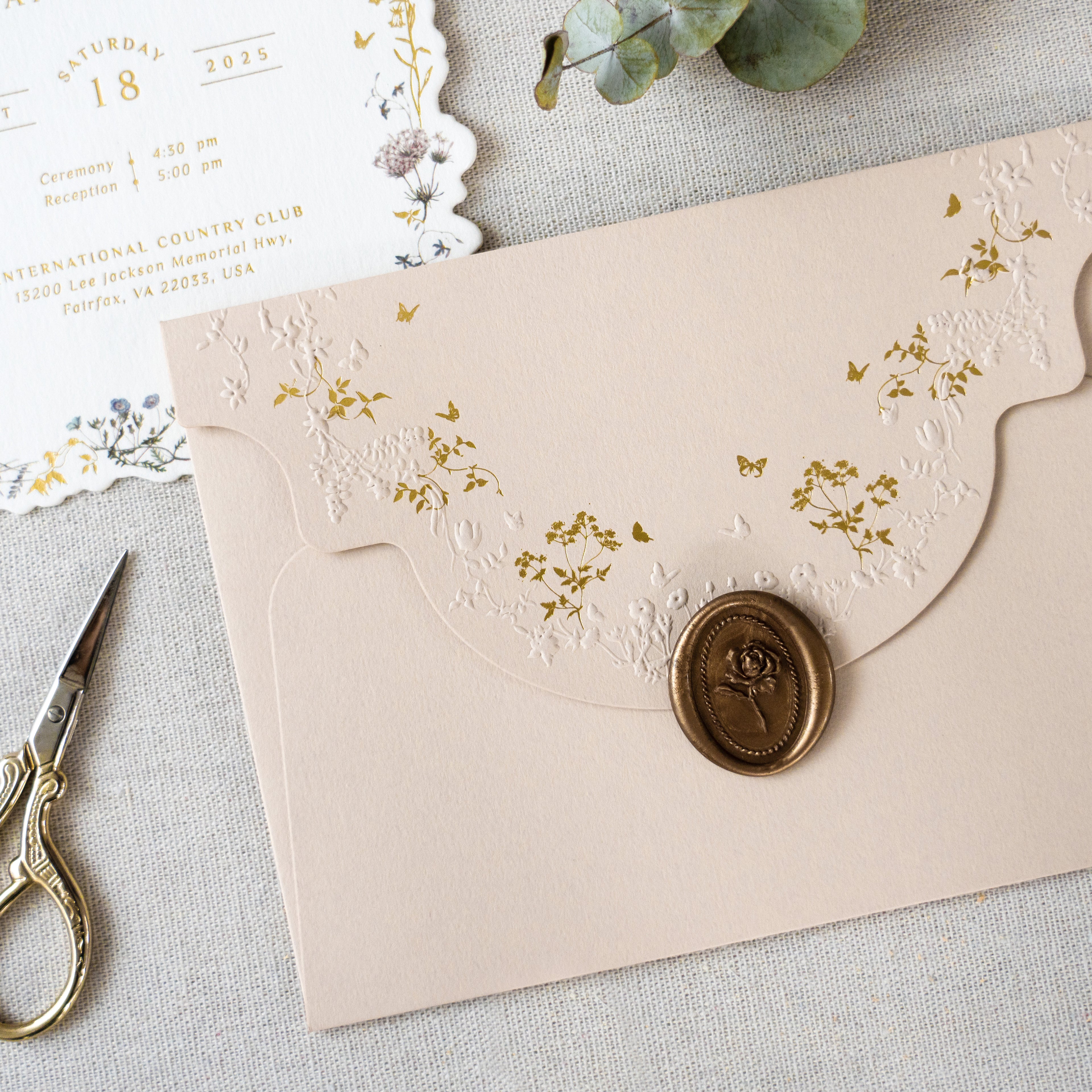PONATIA Blush Pink Foil Print in Gold Liner Envelopes with Foil Print in Gold Floral Wedding Invitation Card