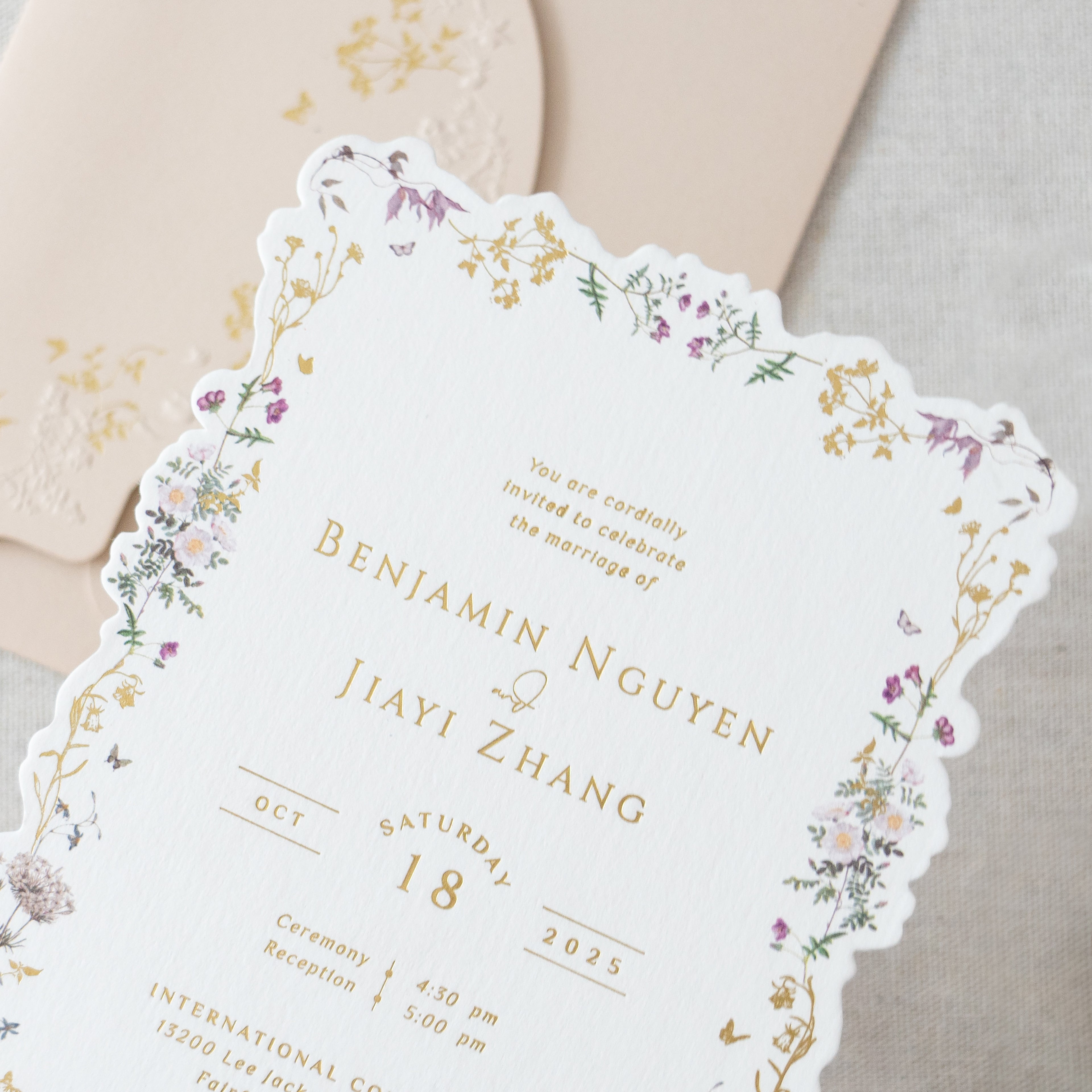 PONATIA Blush Pink Foil Print in Gold Liner Envelopes with Foil Print in Gold Floral Wedding Invitation Card
