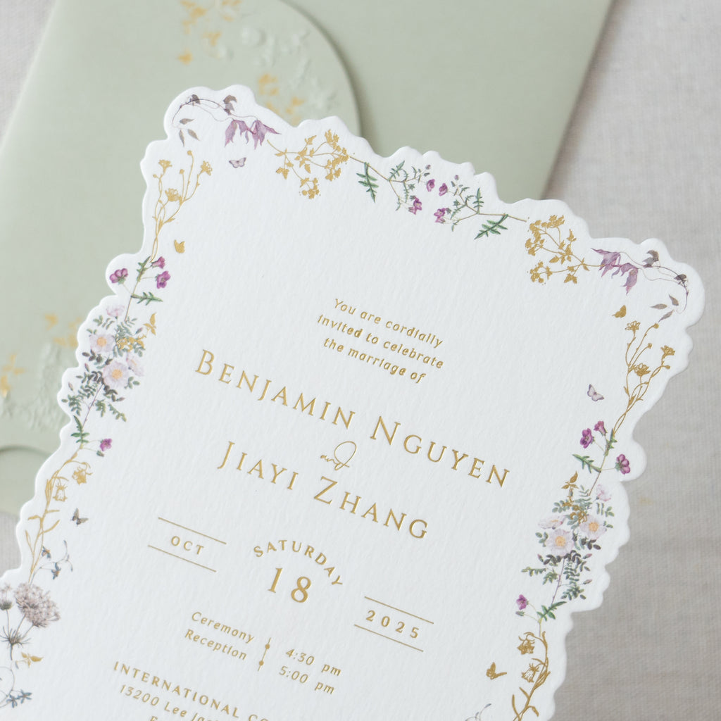 PONATIA Sage Green Foil Print in Gold Liner Envelopes with Foil Print in Gold Floral Wedding Invitation Card