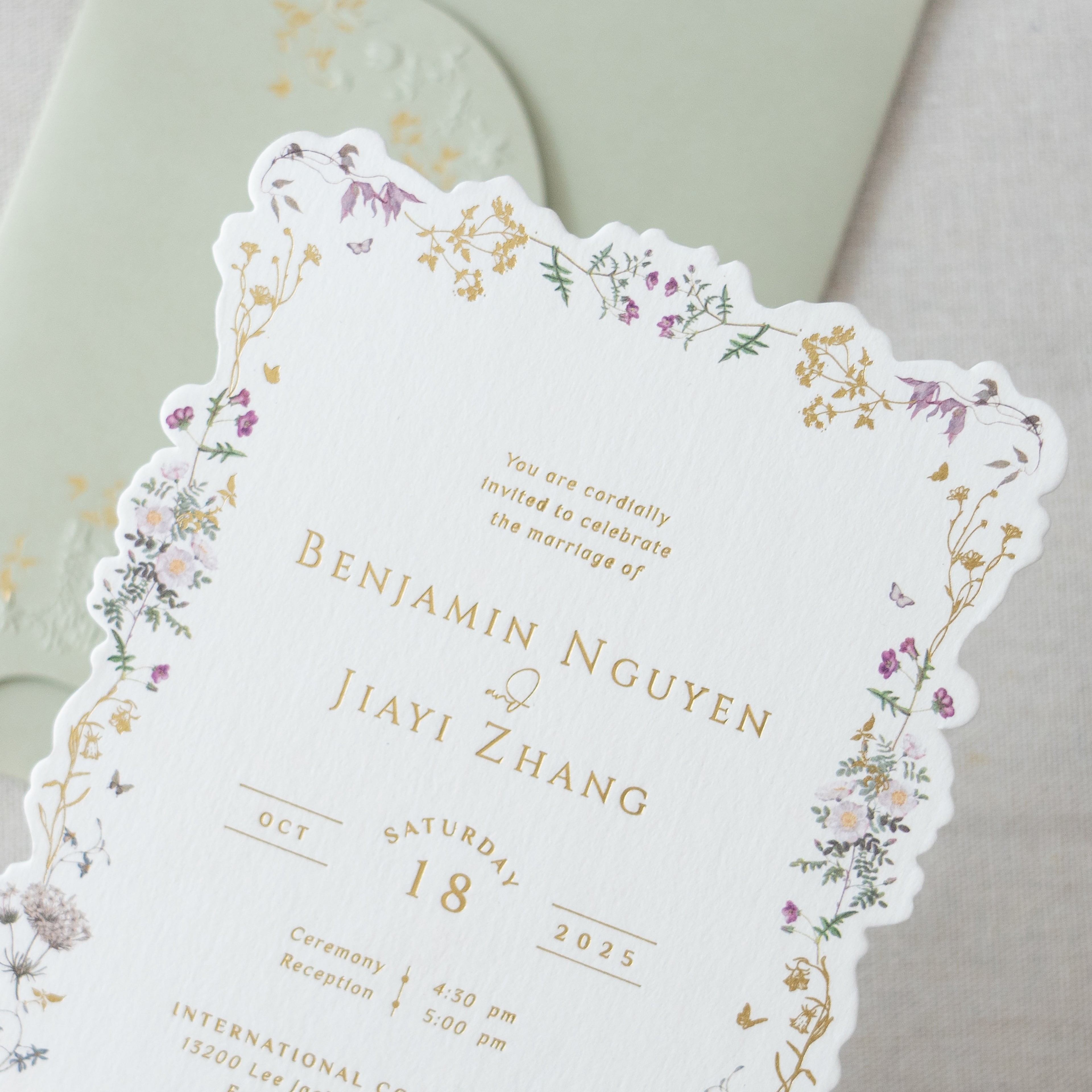 PONATIA Sage Green Foil Print in Gold Liner Envelopes with Foil Print in Gold Floral Wedding Invitation Card