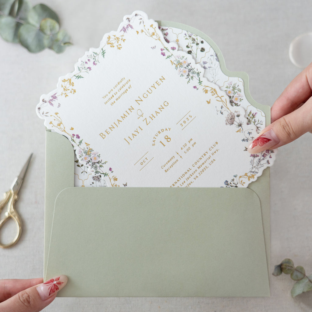 PONATIA Sage Green Foil Print in Gold Liner Envelopes with Foil Print in Gold Floral Wedding Invitation Card