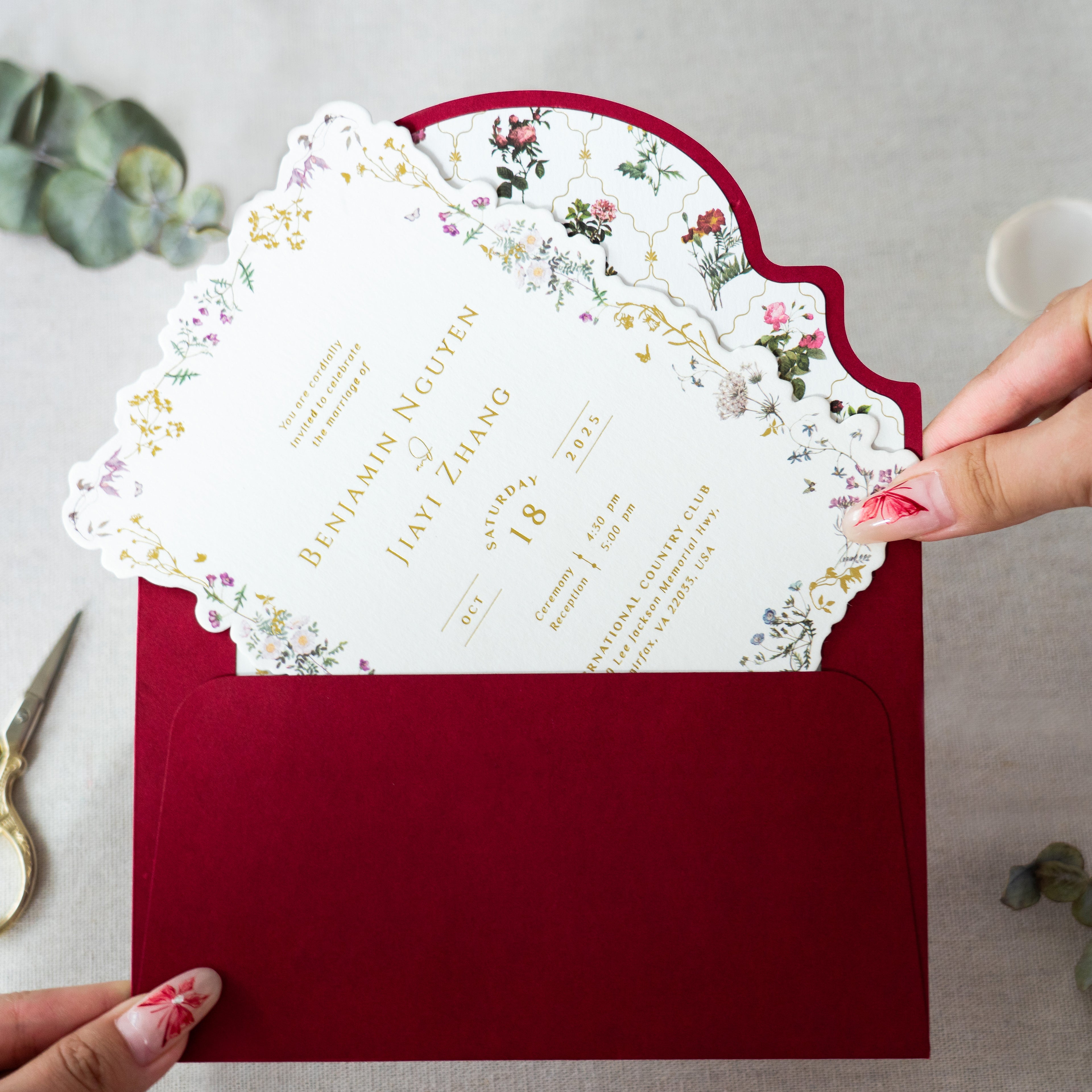 PONATIA Burgundy Foil Print in Gold Liner Envelopes with Foil Print in Gold Floral Wedding Invitation Card
