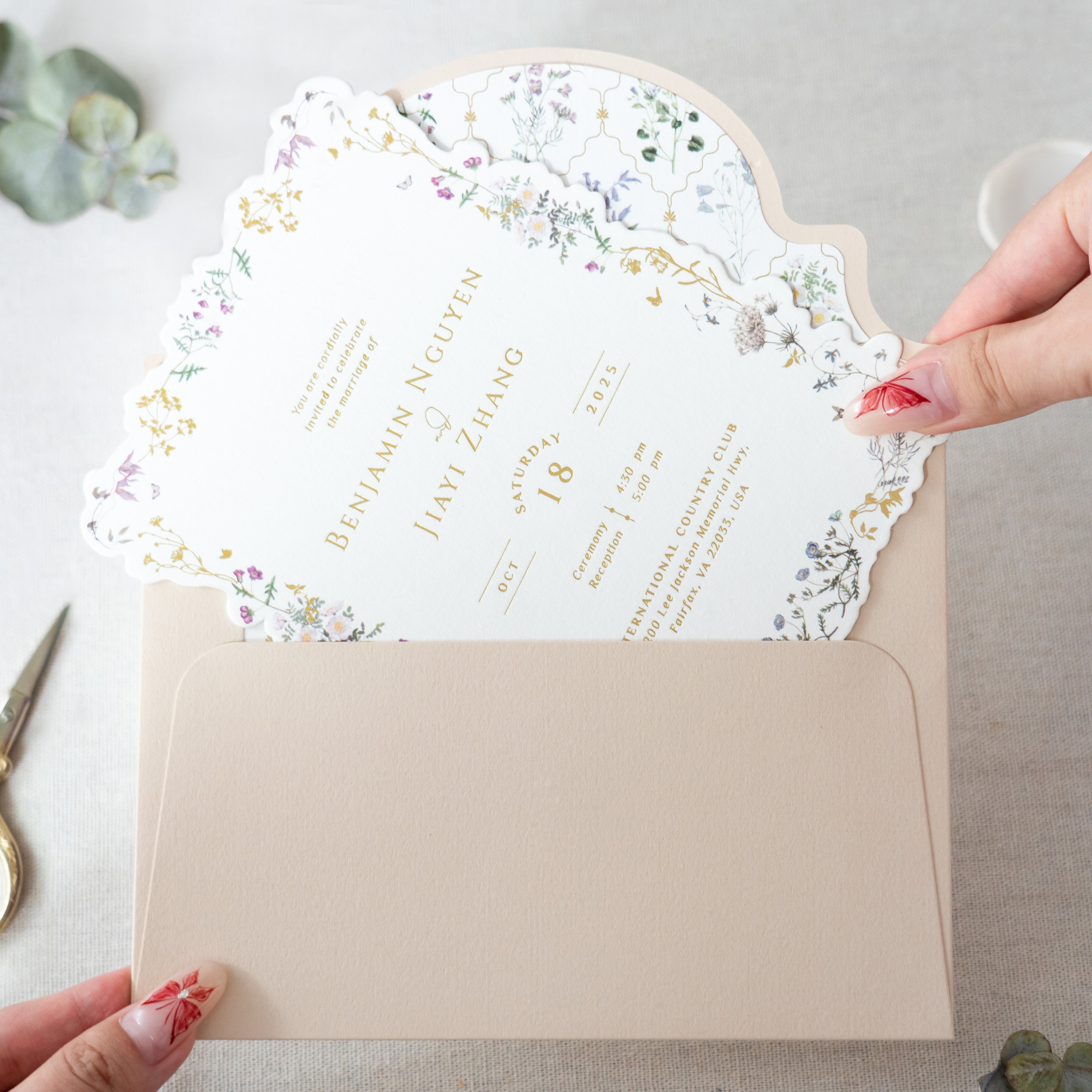 PONATIA Blush Pink Foil Print in Gold Liner Envelopes with Foil Print in Gold Floral Wedding Invitation Card