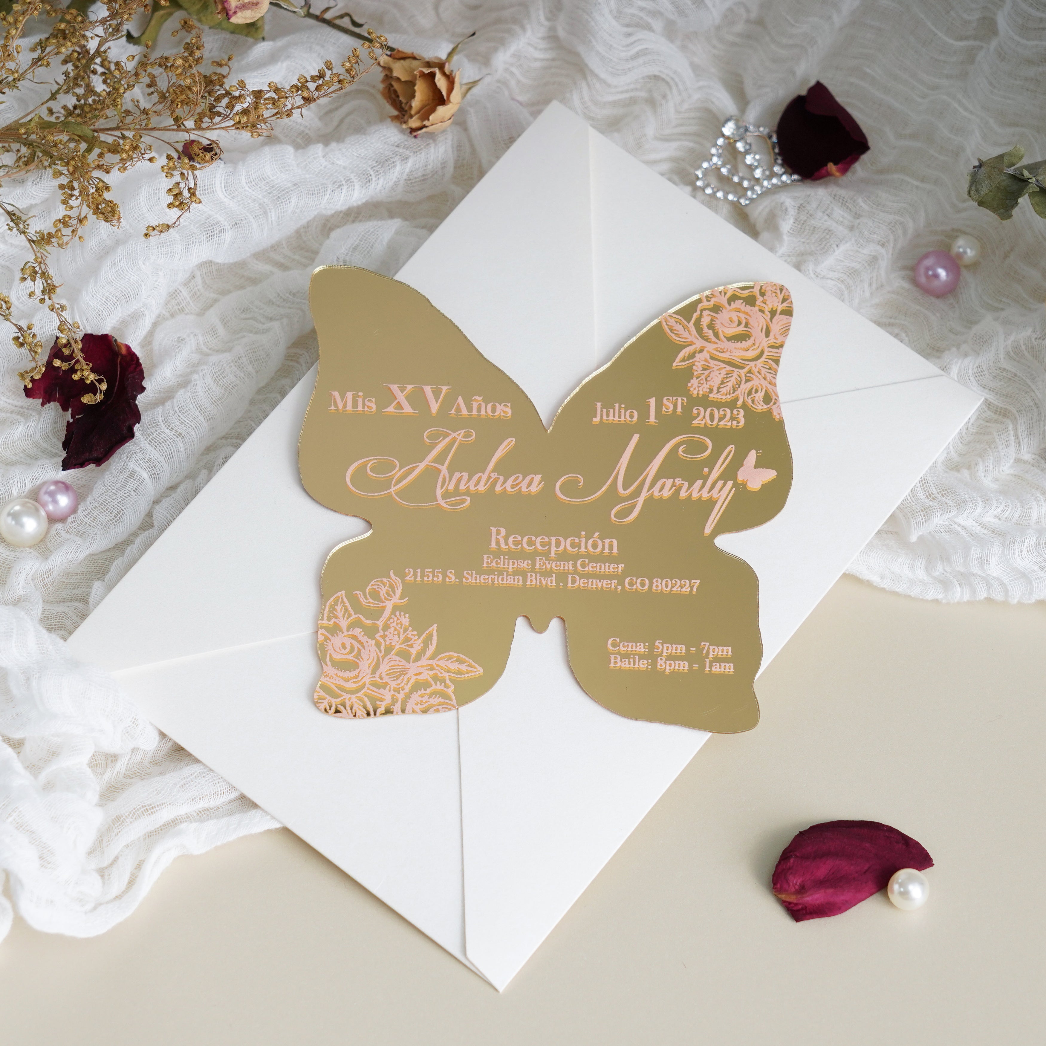 PONATIA XV Años Invitations, Gold Butterfly Mirror Quinceañera Invitation Cards with Envelope-2mm/0.7"