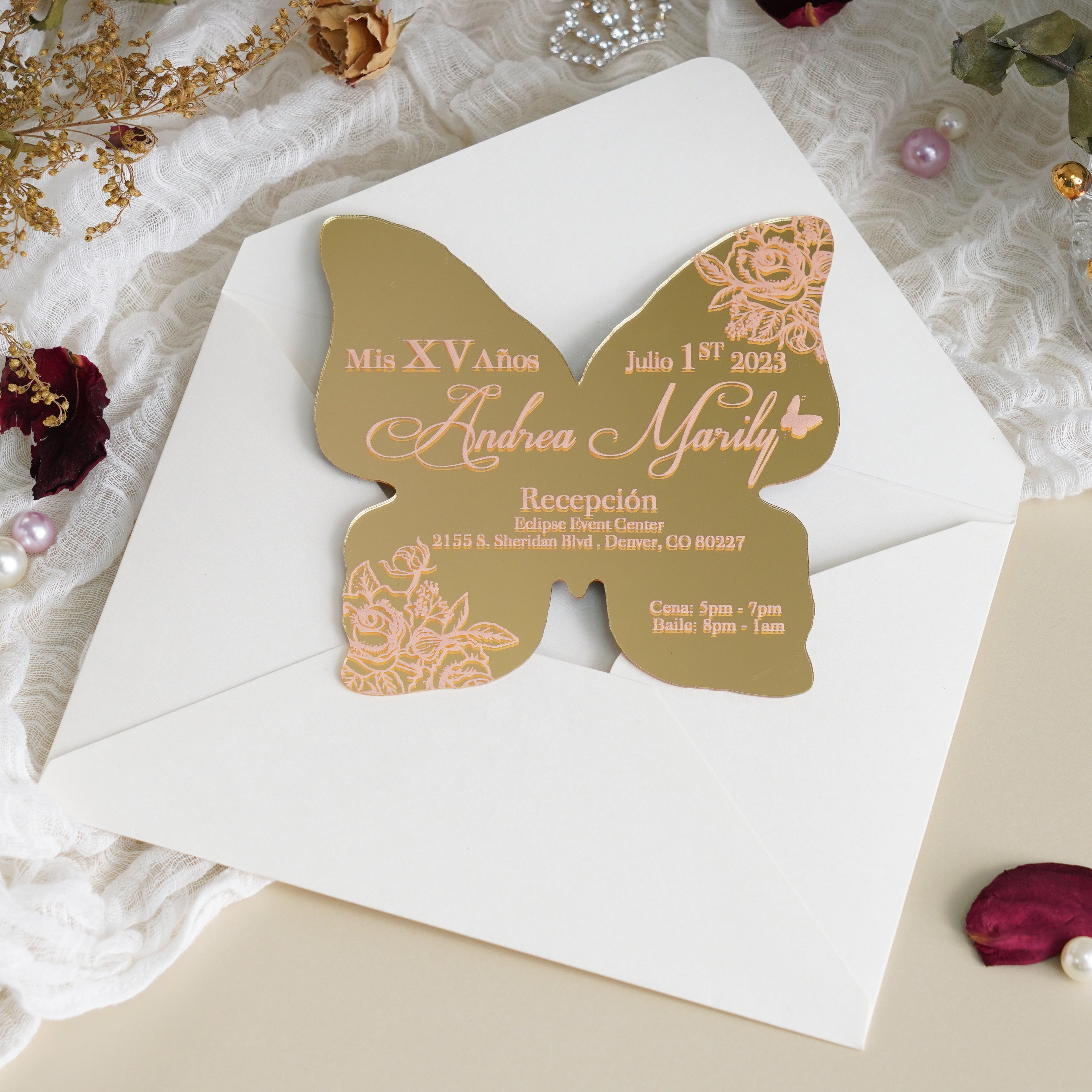 PONATIA XV Años Invitations, Gold Butterfly Mirror Quinceañera Invitation Cards with Envelope-2mm/0.7"