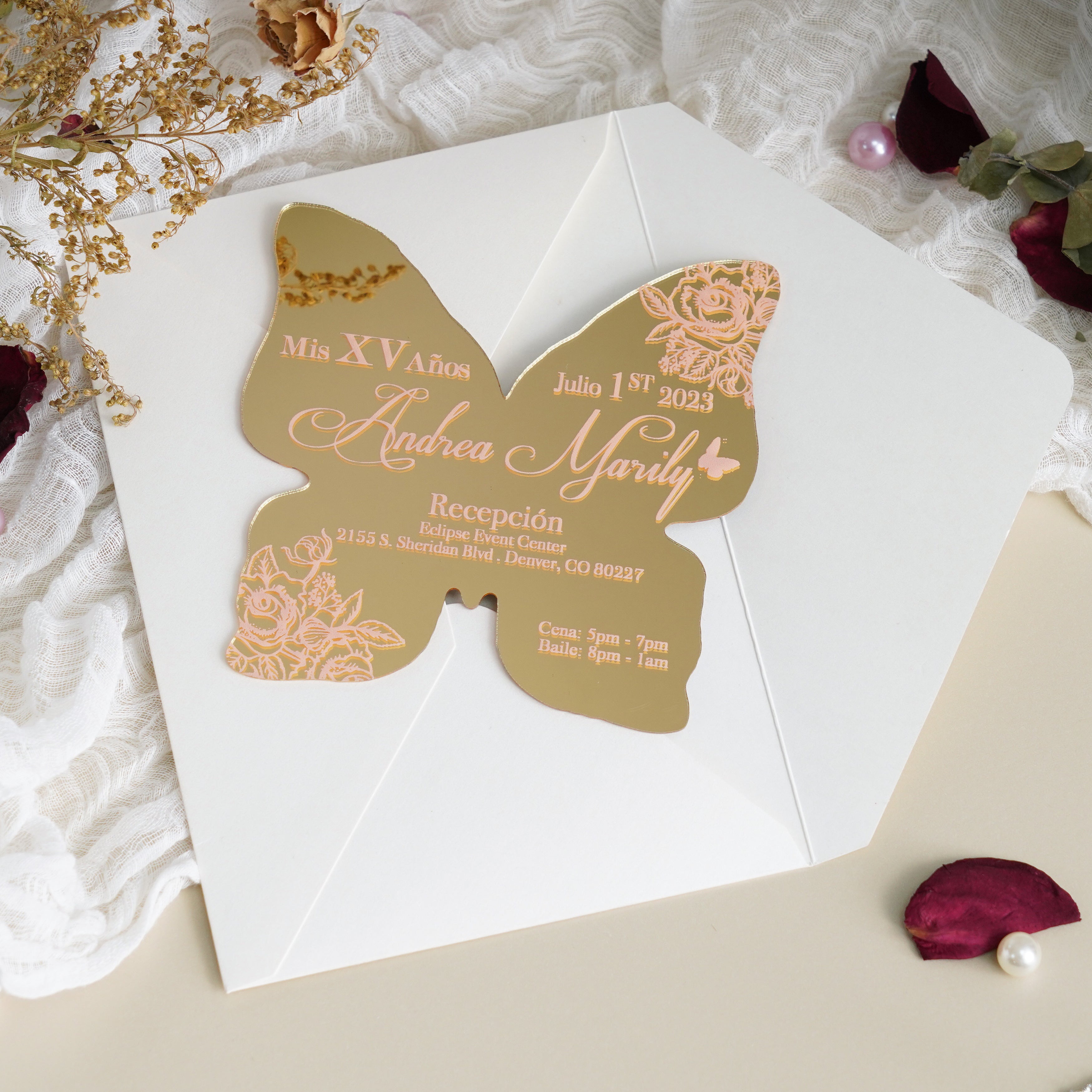 PONATIA XV Años Invitations, Gold Butterfly Mirror Quinceañera Invitation Cards with Envelope-2mm/0.7"