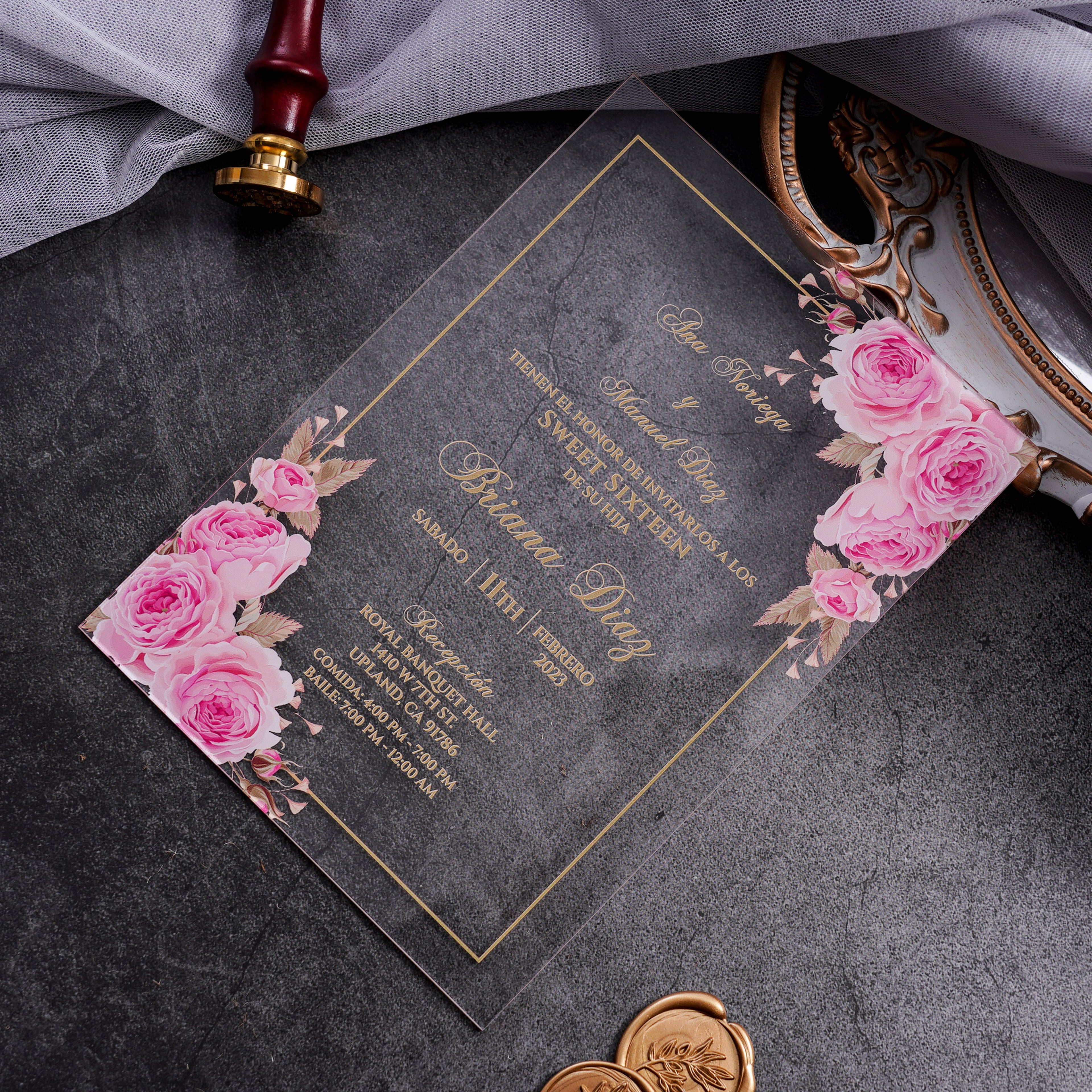 PONATIA 1mm/0.04" Pink Clear Acrylic Quinceanera Invitation Cards with Envelopes