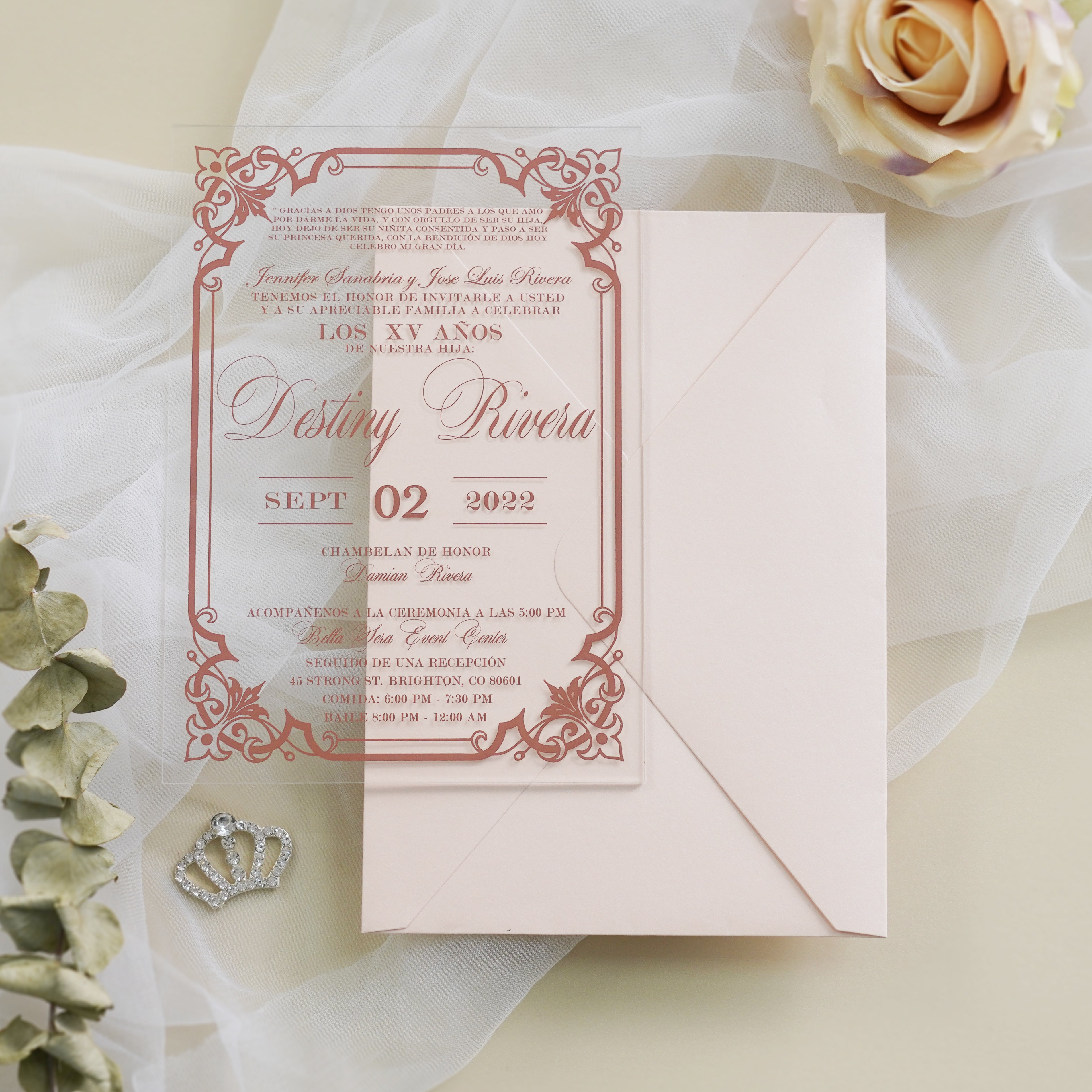 PONATIA 1mm/0.04" Light Pink Acrylic Quinceanera Invitation Cards with Envelopes