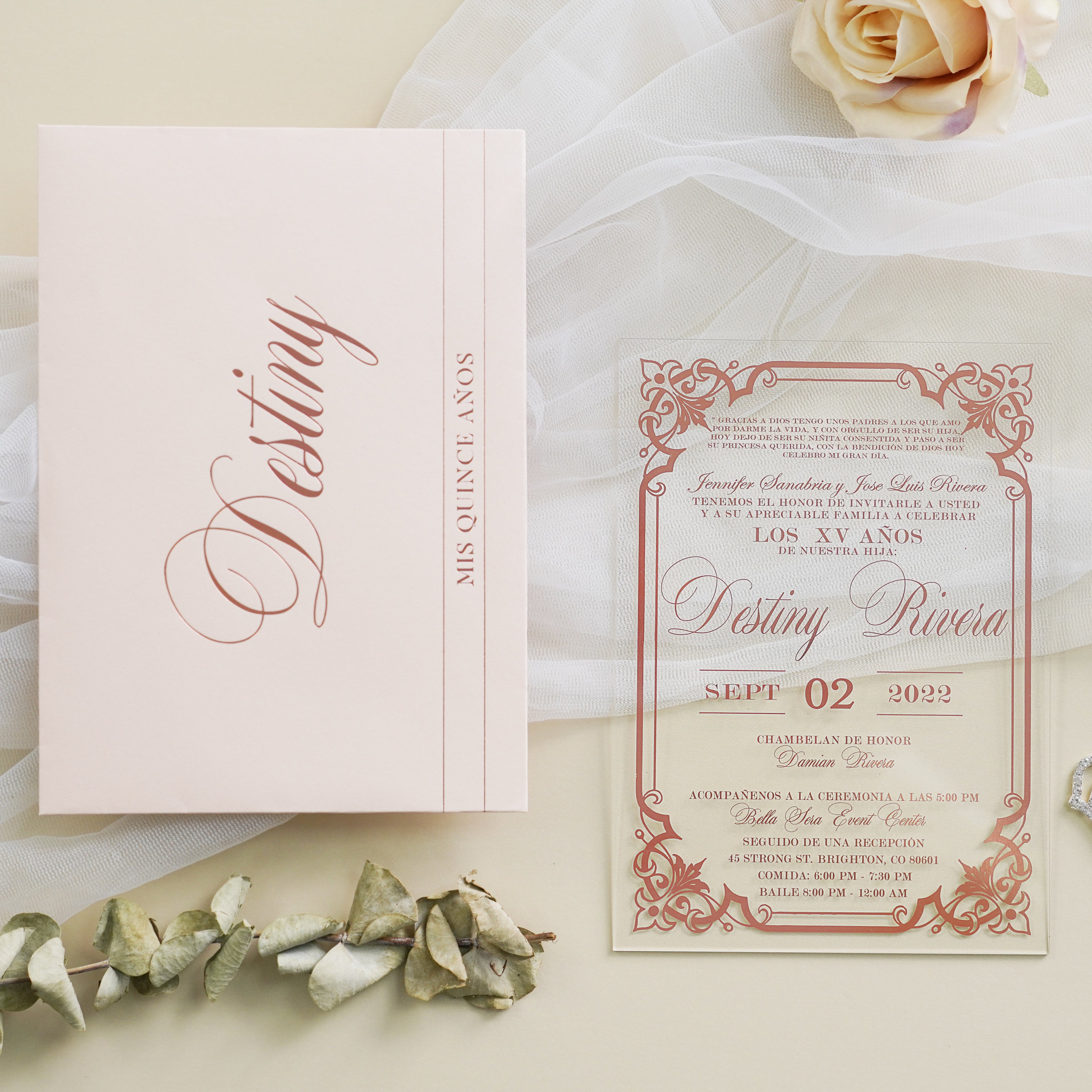 PONATIA 1mm/0.04" Light Pink Acrylic Quinceanera Invitation Cards with Envelopes