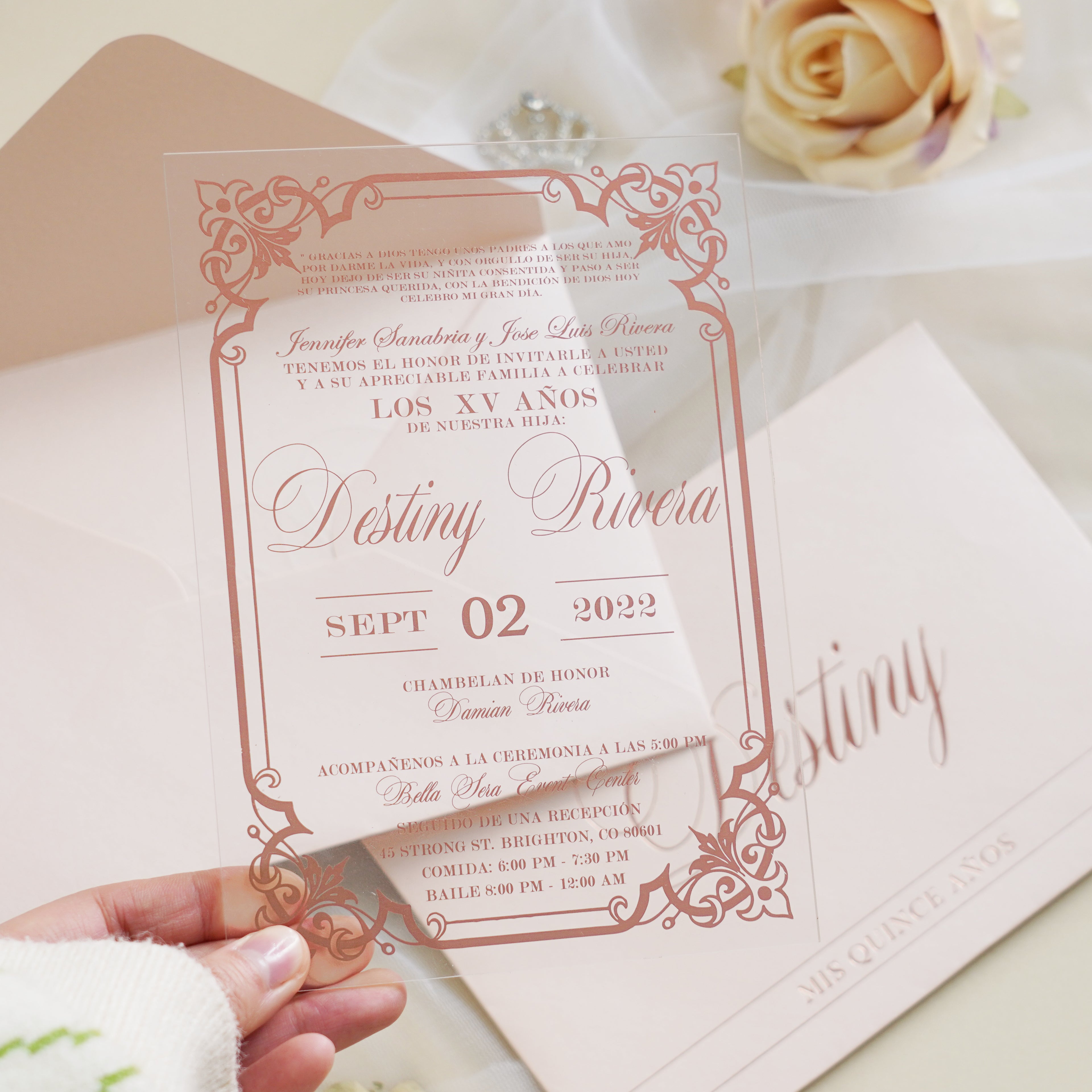 PONATIA 1mm/0.04" Light Pink Acrylic Quinceanera Invitation Cards with Envelopes