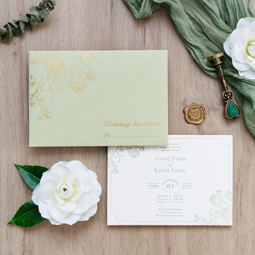 PONATIA  Sage Green Foil Print in Gold Envelopes with Letterpress Floral Wedding Invitation Card