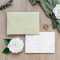 PONATIA  Sage Green Foil Print in Gold Envelopes with Letterpress Floral Wedding Invitation Card