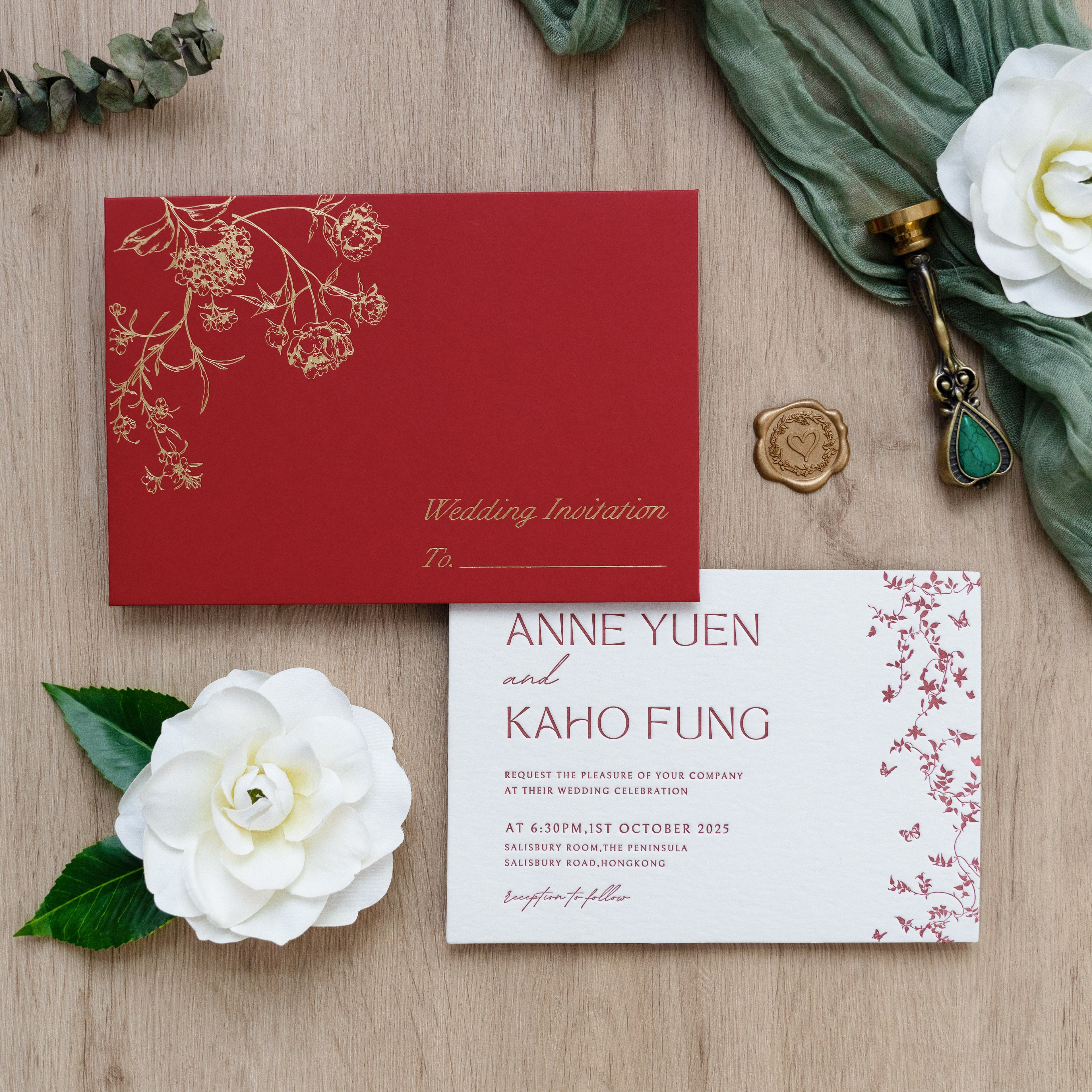 PONATIA  Burgundy Foil Print in Gold Envelopes with Letterpress Floral Wedding Invitation Card