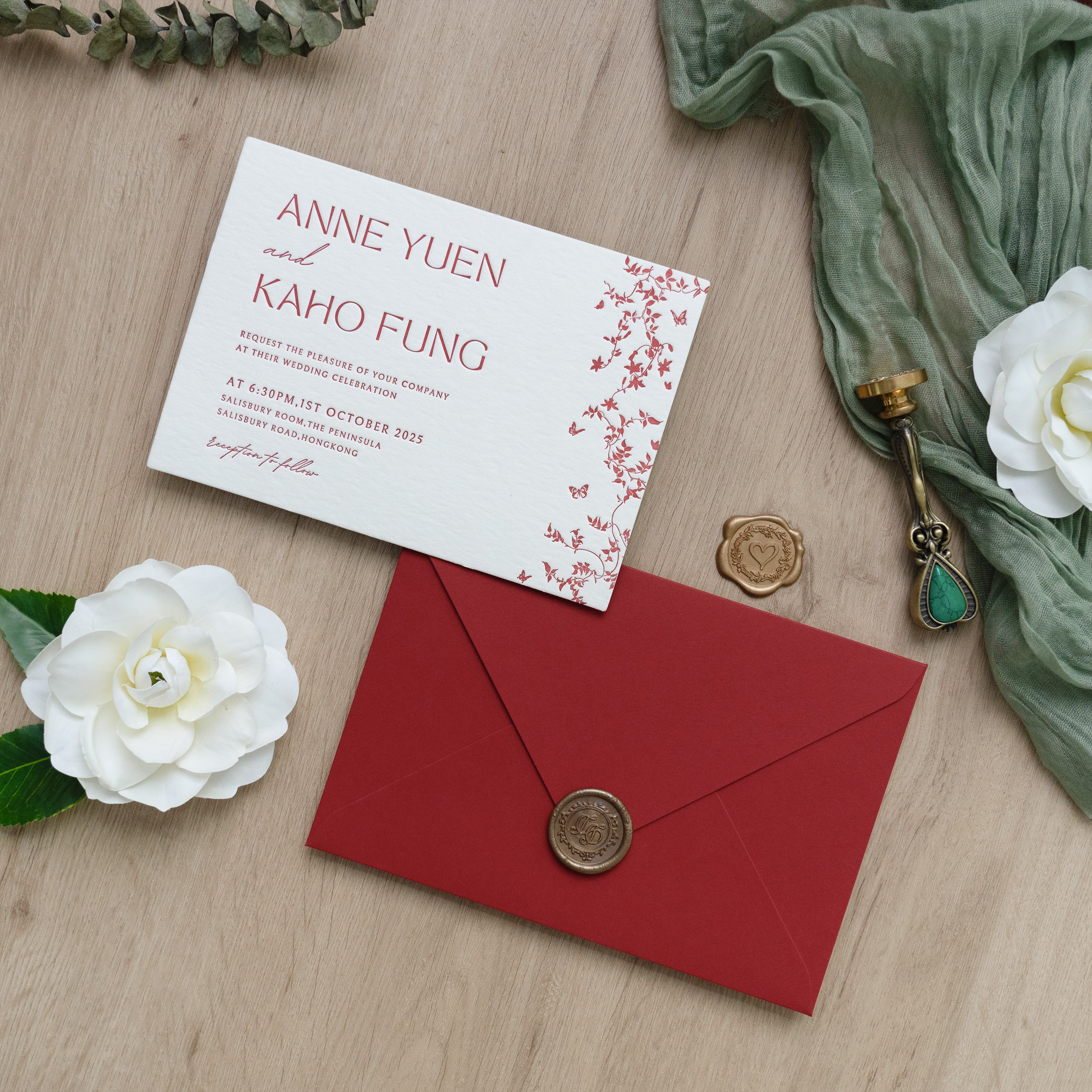 PONATIA  Burgundy Foil Print in Gold Envelopes with Letterpress Floral Wedding Invitation Card