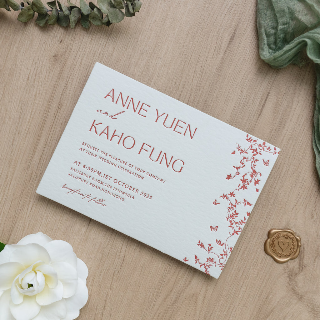 PONATIA  Burgundy Foil Print in Gold Envelopes with Letterpress Floral Wedding Invitation Card