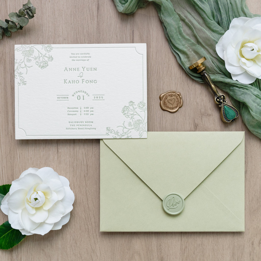 PONATIA  Sage Green Foil Print in Gold Envelopes with Letterpress Floral Wedding Invitation Card