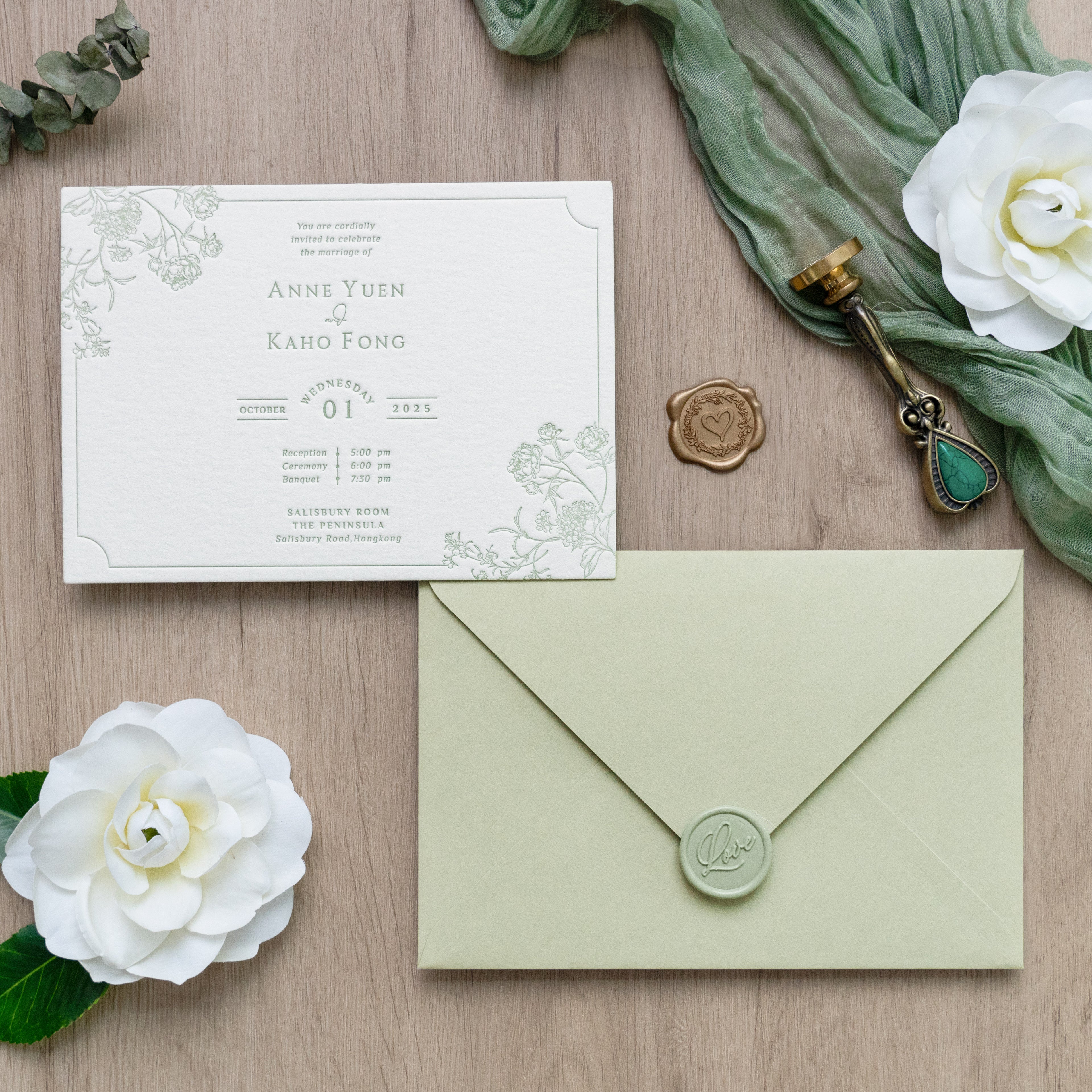 PONATIA  Sage Green Foil Print in Gold Envelopes with Letterpress Floral Wedding Invitation Card