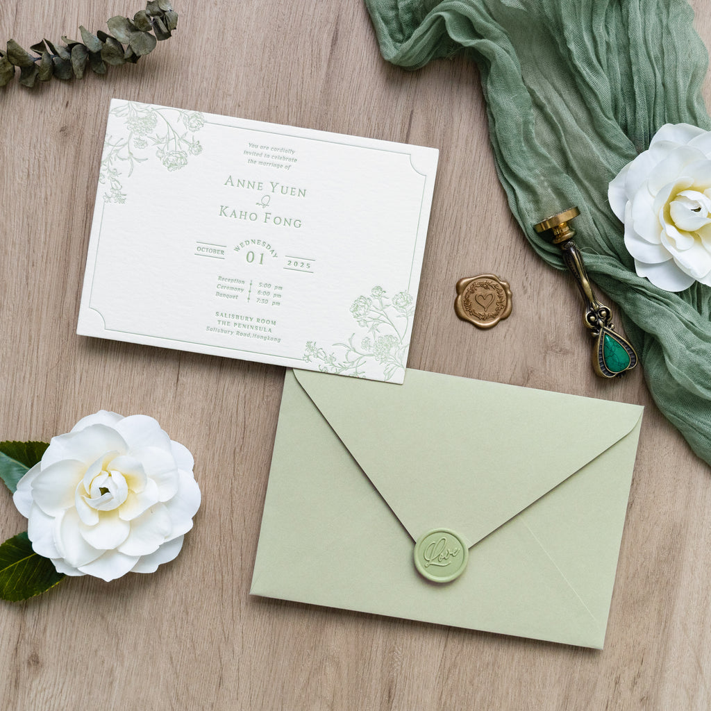 PONATIA  Sage Green Foil Print in Gold Envelopes with Letterpress Floral Wedding Invitation Card