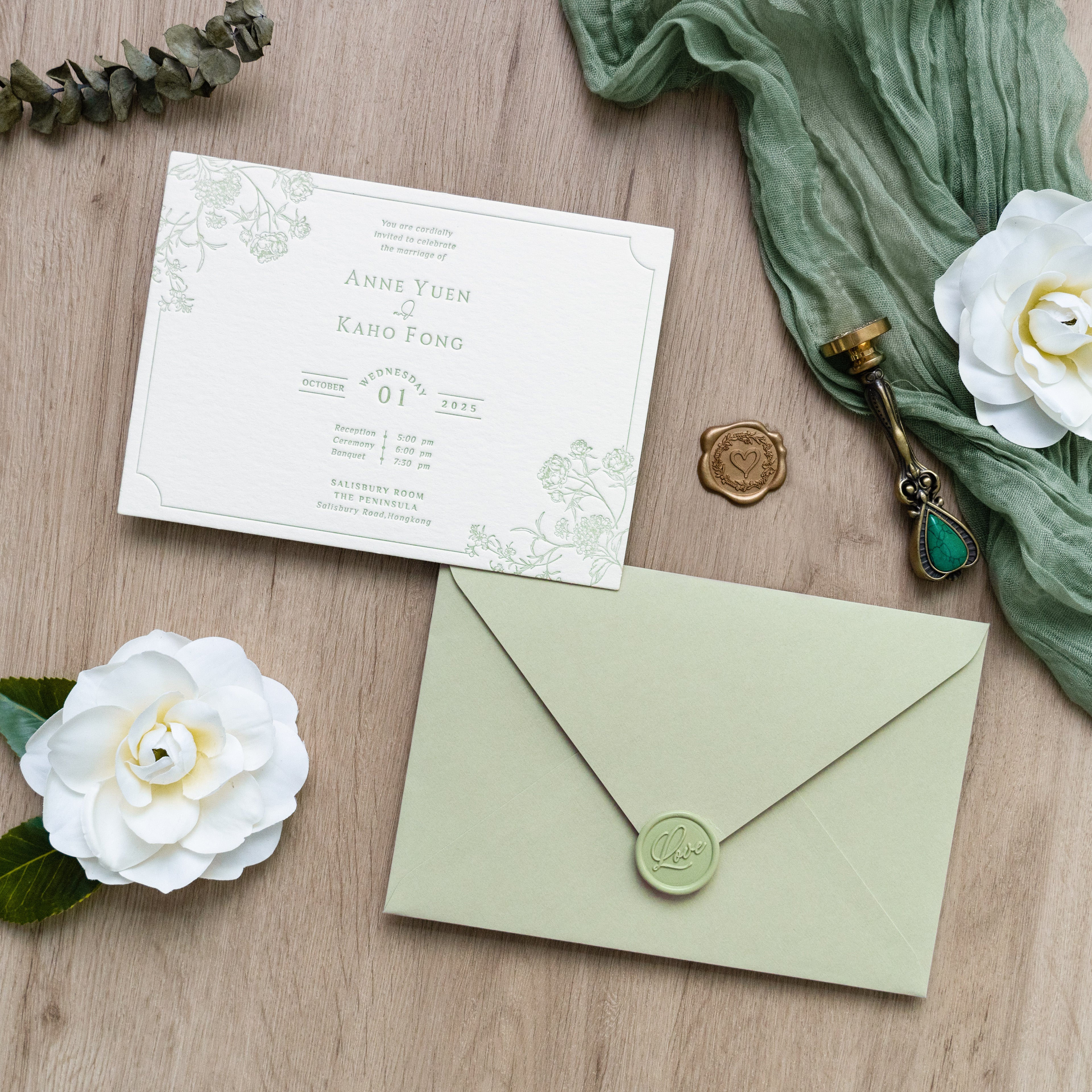 PONATIA  Sage Green Foil Print in Gold Envelopes with Letterpress Floral Wedding Invitation Card