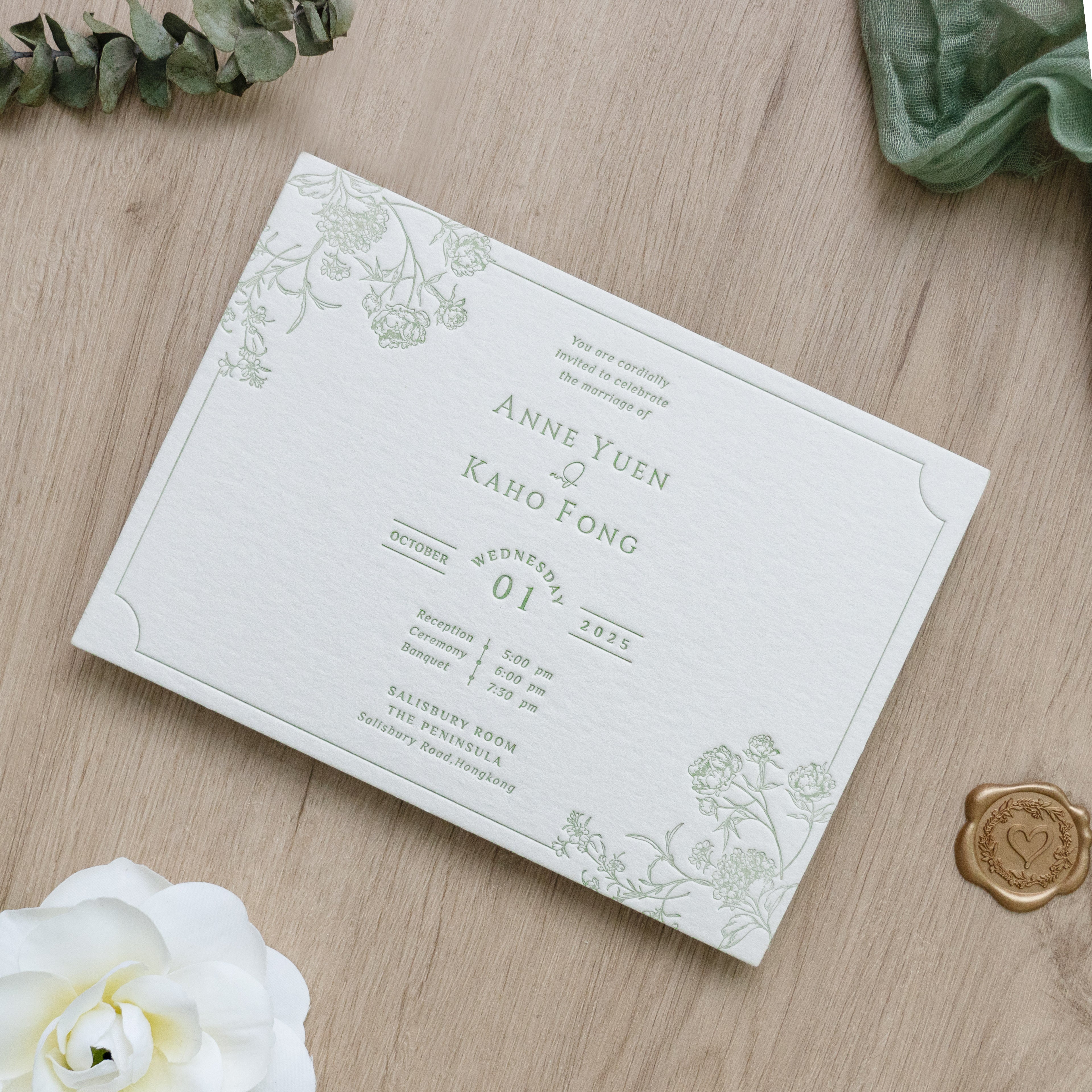 PONATIA  Sage Green Foil Print in Gold Envelopes with Letterpress Floral Wedding Invitation Card