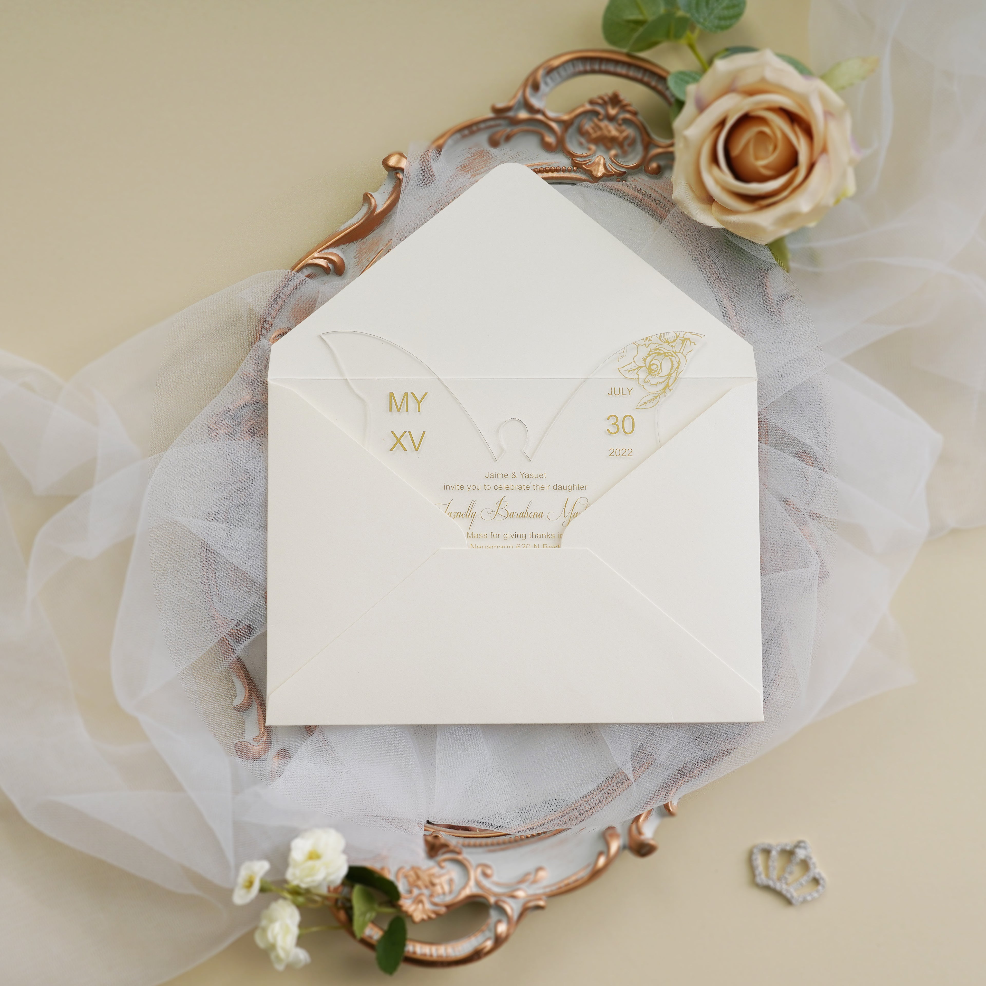 PONATIA 1mm/0.04" Gold Butterfly Clear Acrylic Quinceanera Invitation Card with Envelope