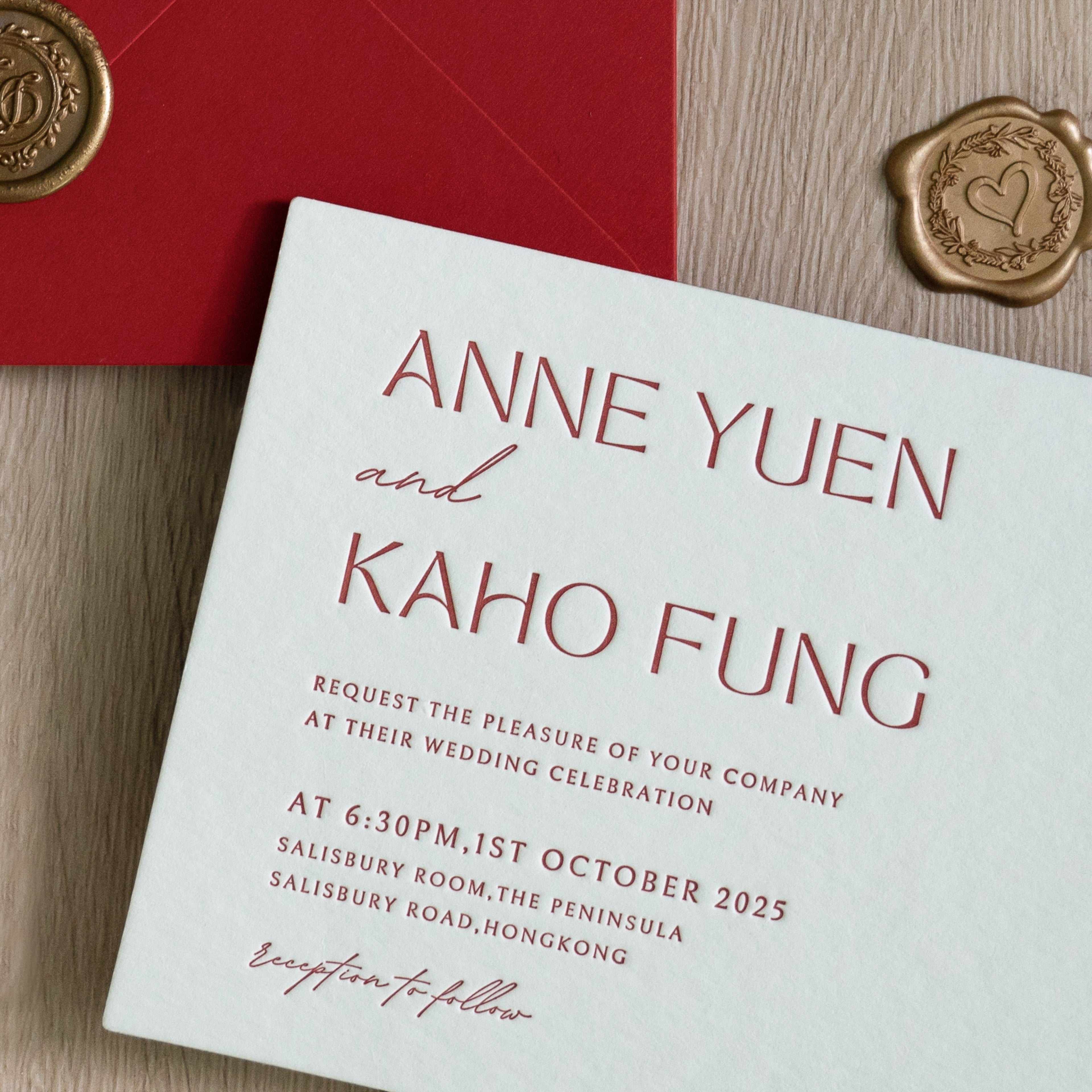 PONATIA  Burgundy Foil Print in Gold Envelopes with Letterpress Floral Wedding Invitation Card