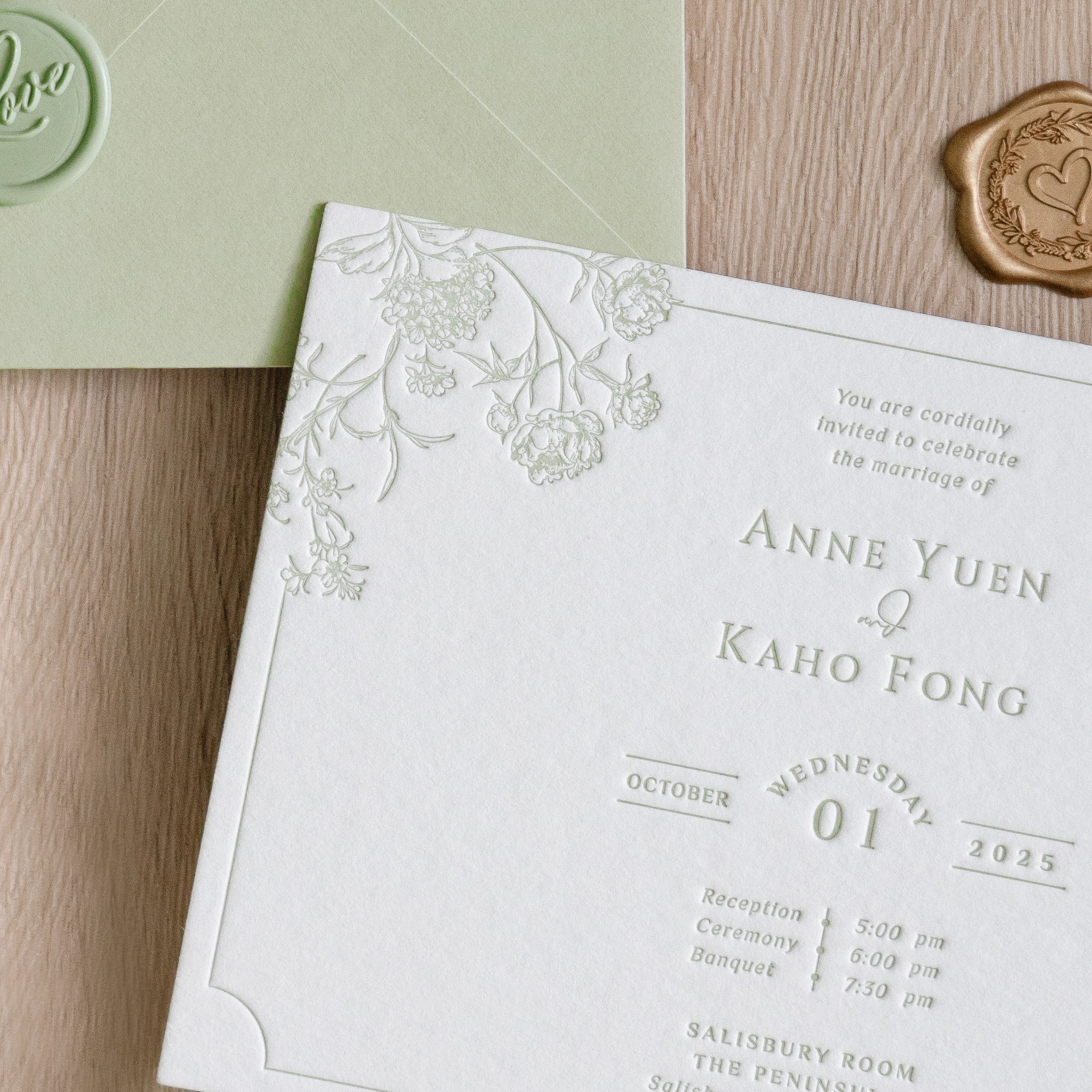 PONATIA  Sage Green Foil Print in Gold Envelopes with Letterpress Floral Wedding Invitation Card