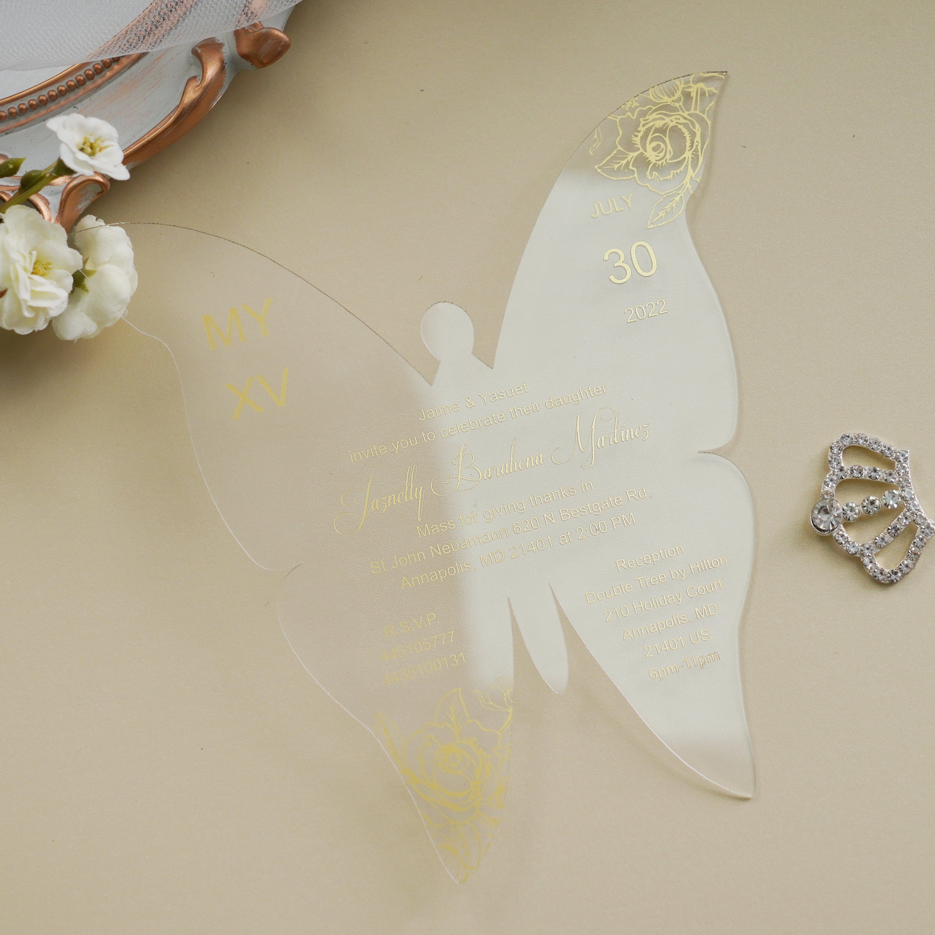 PONATIA 1mm/0.04" Gold Butterfly Clear Acrylic Quinceanera Invitation Card with Envelope