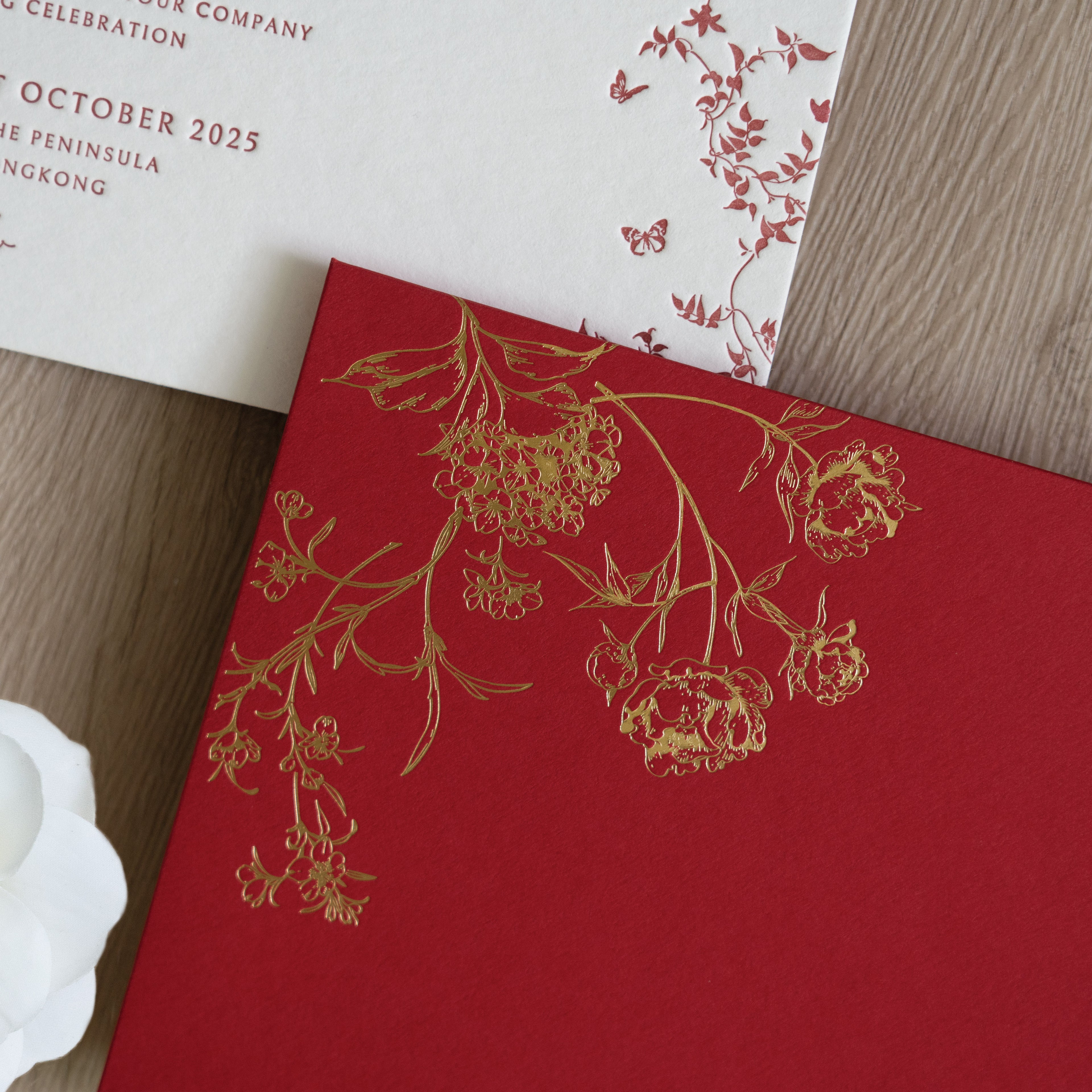 PONATIA  Burgundy Foil Print in Gold Envelopes with Letterpress Floral Wedding Invitation Card
