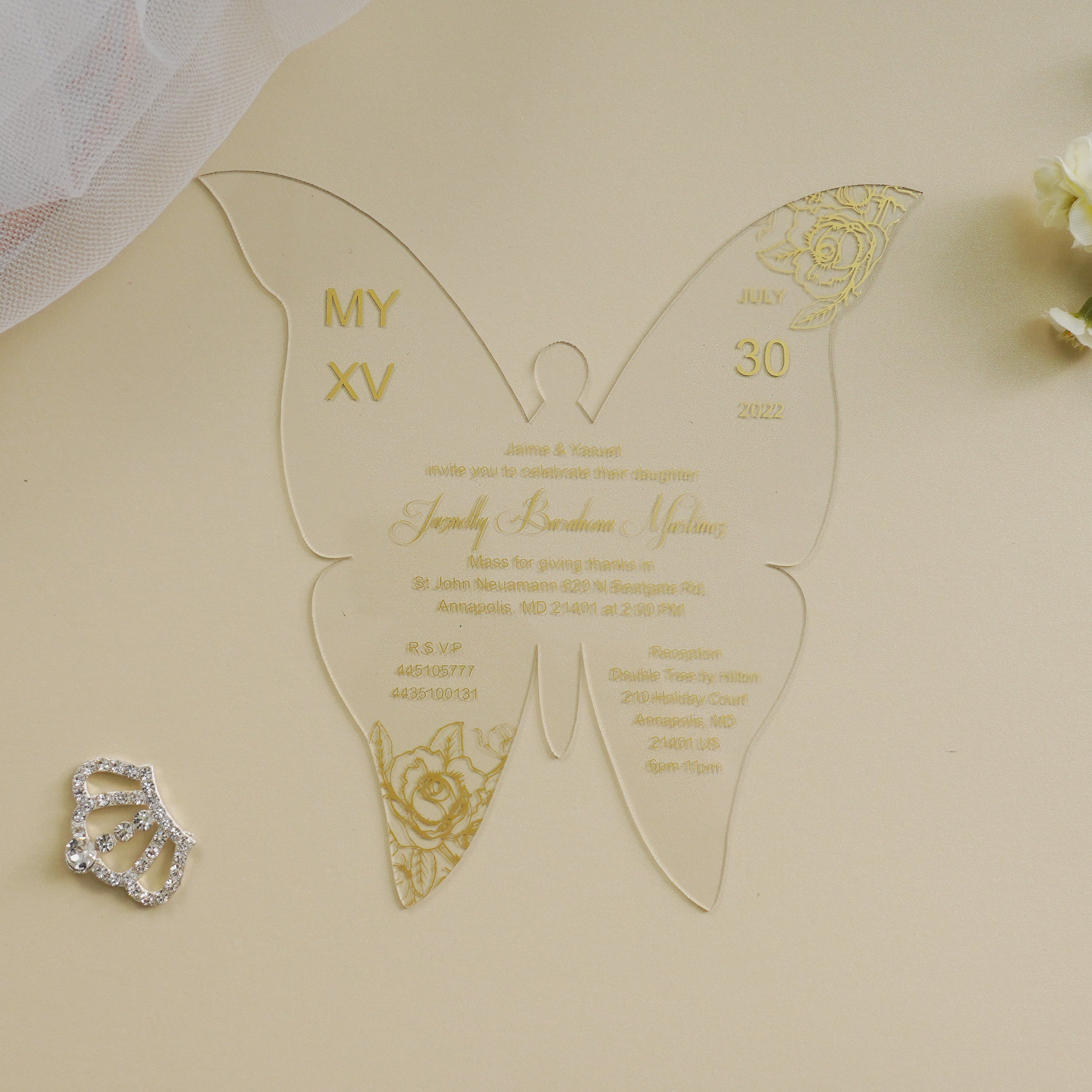 PONATIA 1mm/0.04" Gold Butterfly Clear Acrylic Quinceanera Invitation Card with Envelope