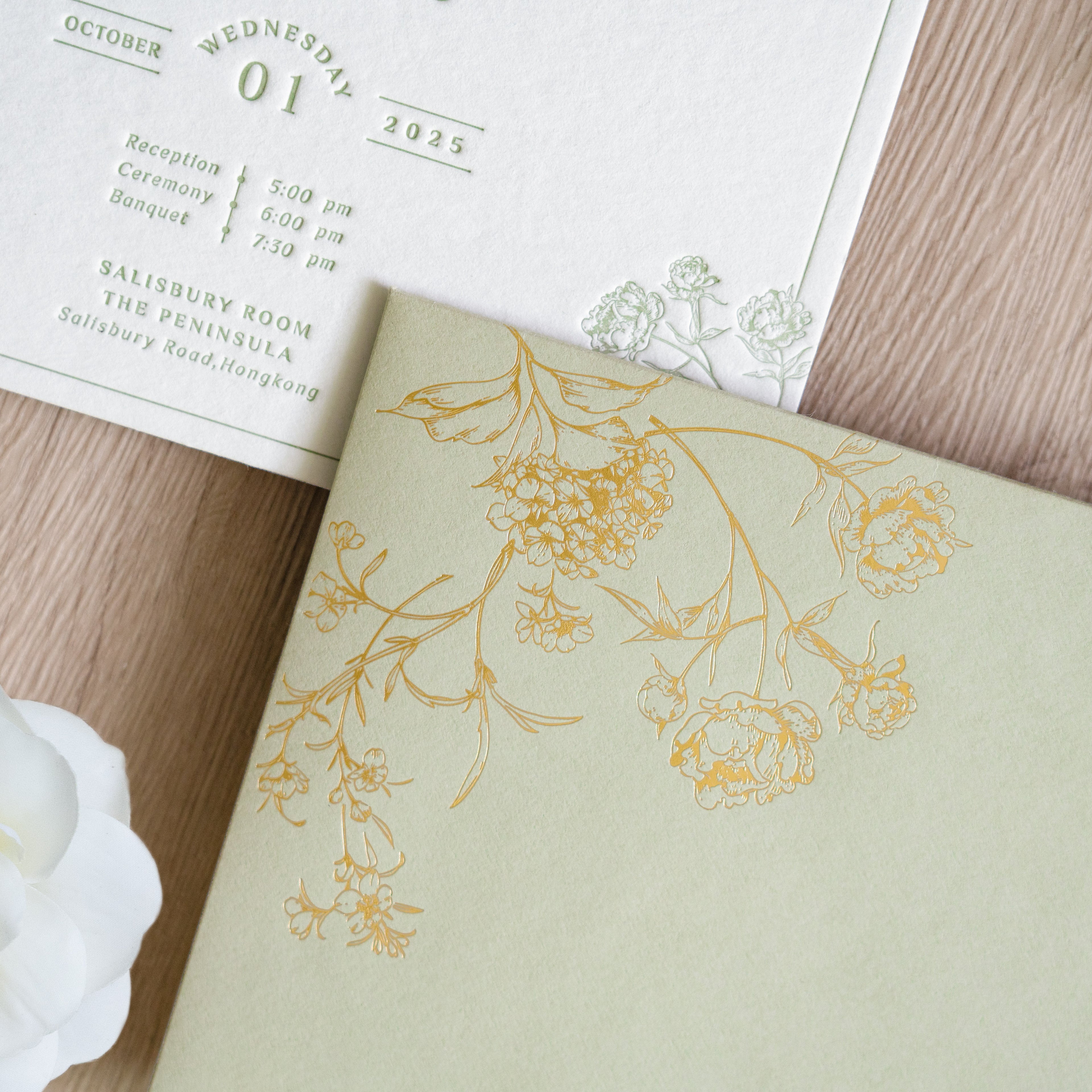 PONATIA  Sage Green Foil Print in Gold Envelopes with Letterpress Floral Wedding Invitation Card