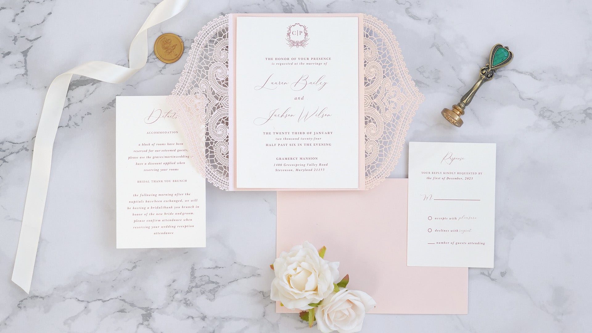 PONATIA Blush Pink Laser Cut Invitation Cards with Ivory Belly Band and Wax Seal