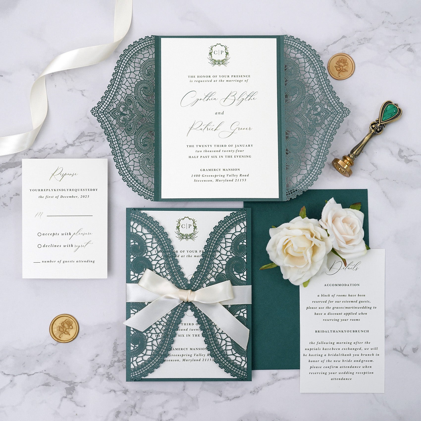 PONATIA Emerald Green Laser Cut Invitation Cards with Ivory Belly Band and Wax Seal