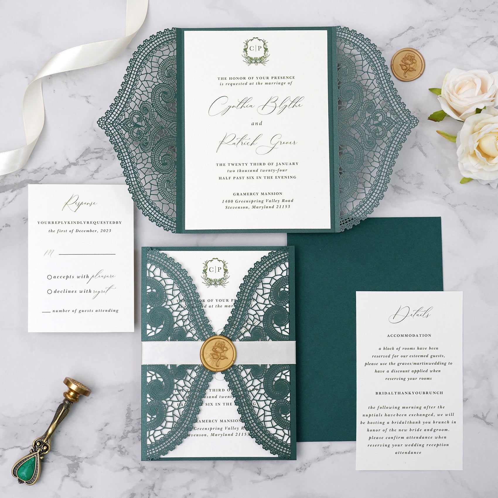 PONATIA Emerald Green Laser Cut Invitation Cards with Ivory Belly Band and Wax Seal